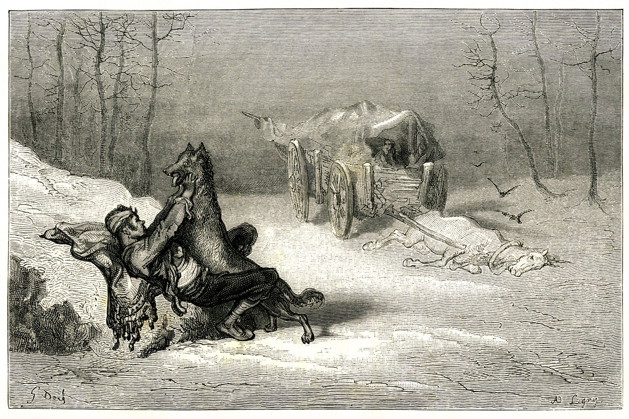 Il brigante Agostin è attaccato da un lupo, vicino al cavallo morto ancora nel carro abbandona i comici, o nasconde la piccola Chiquita. Incisione di Gustave Doré che illustra il romanzo di Théophile Gautier 