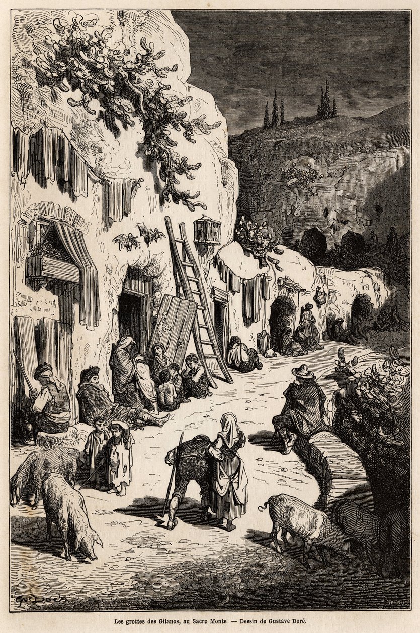 Le grotte (case sotterranee) degli zingari, a Sacro Monte, a Granada. Disegno di Gustave Dore per illustrare il suo viaggio in Spagna nel 1862, accompagnato da Ch. Davillier. Incisione in "Le tour du monde", a cura di Edouard Charton da Gustave Dore