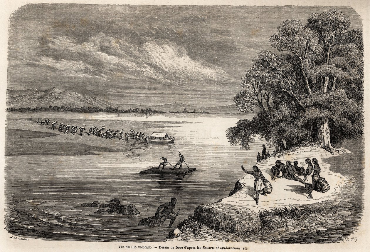 La traversata del fiume Colorado su zattera, accompagnata da alcuni indiani Mohave da Gustave Dore