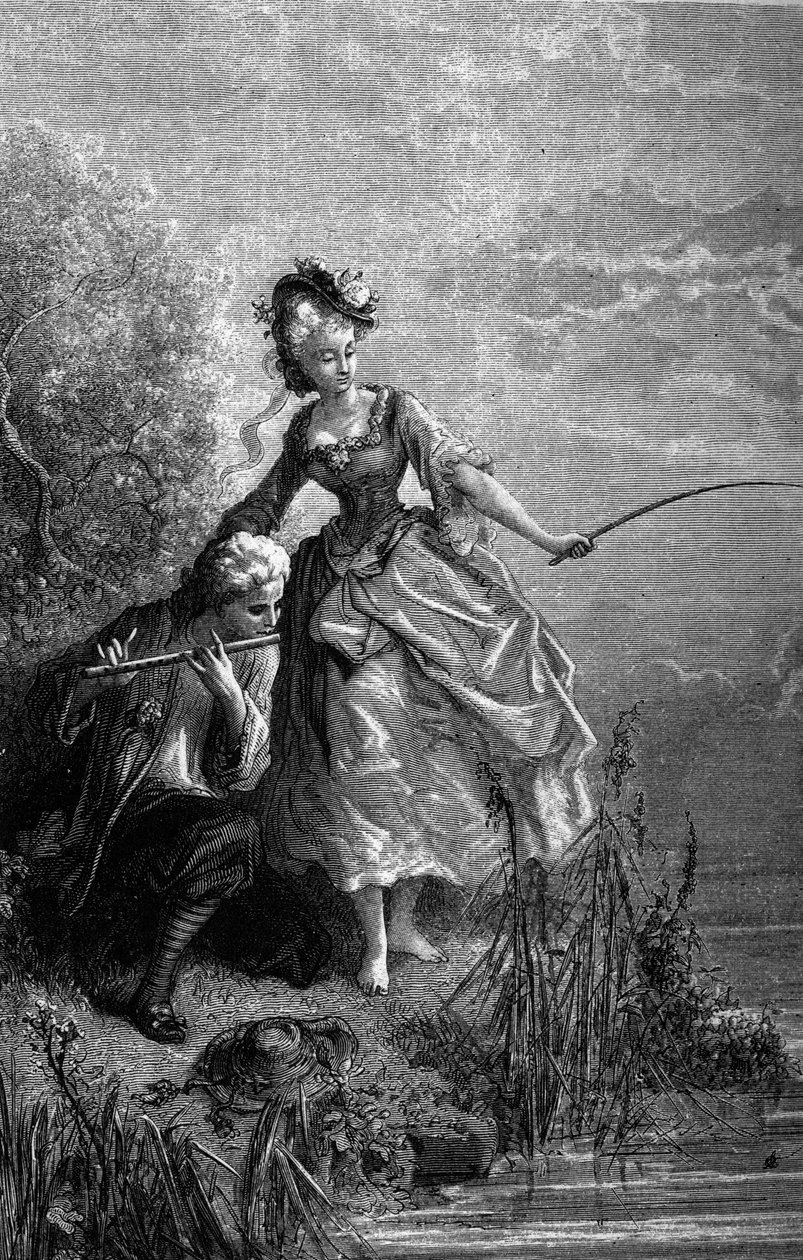 Il pesce e il pastore che suona il flauto. Il suono del flauto serve da esca. Favole di Jean de La Fontaine. Illustrazione di Gustave Doré da Gustave Dore
