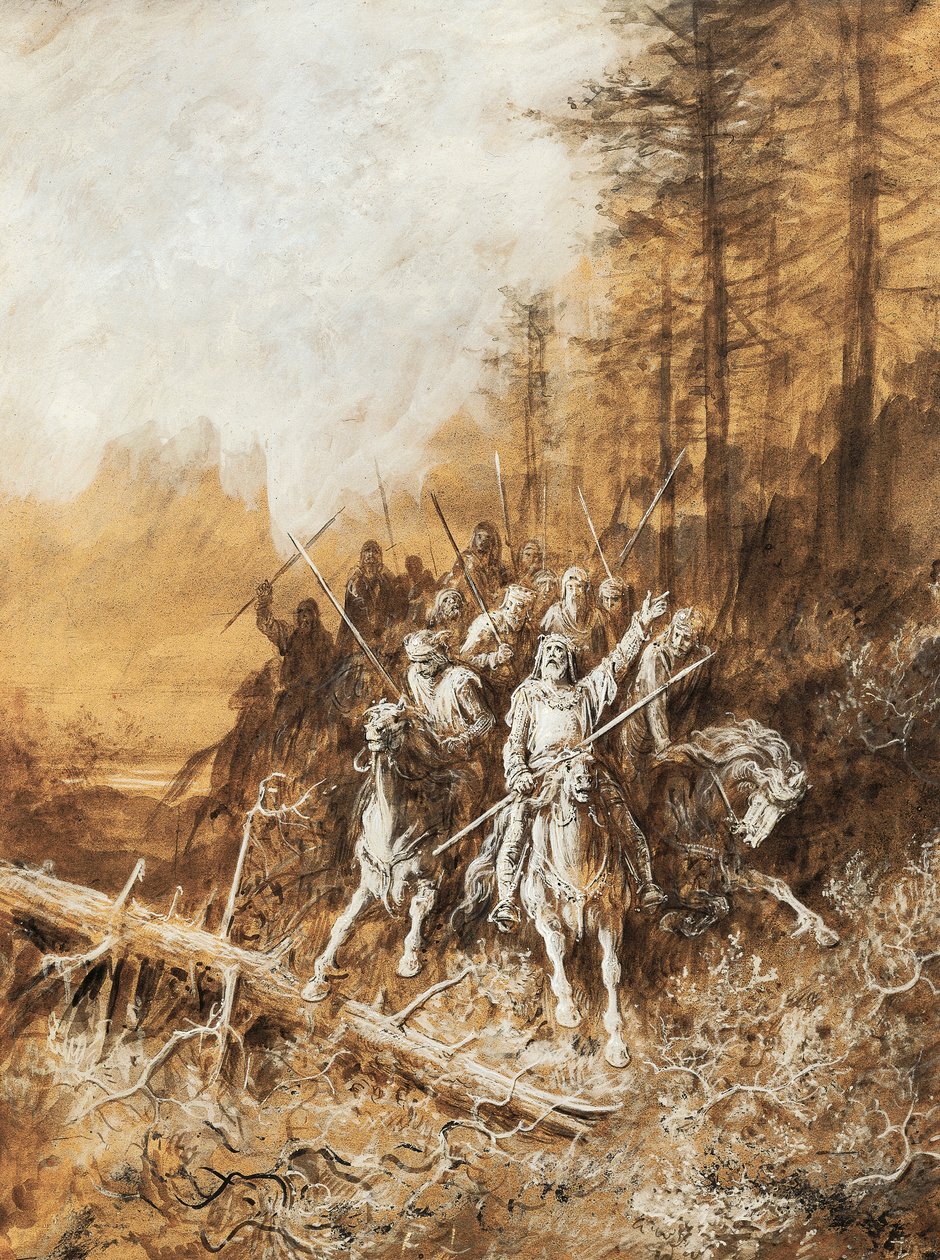 La marcia dei cavalieri, illustrazione per la serie di poesie, Idilli del Re da Gustave Dore