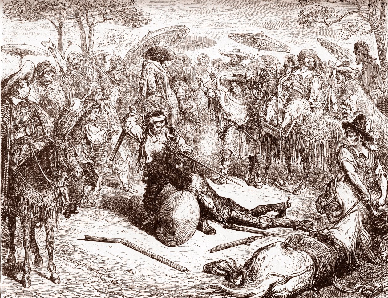 I mercanti di Toledo osservano mentre uno dei loro mulattieri picchia Don Chisciotte, incisione di Gustave Doré per 