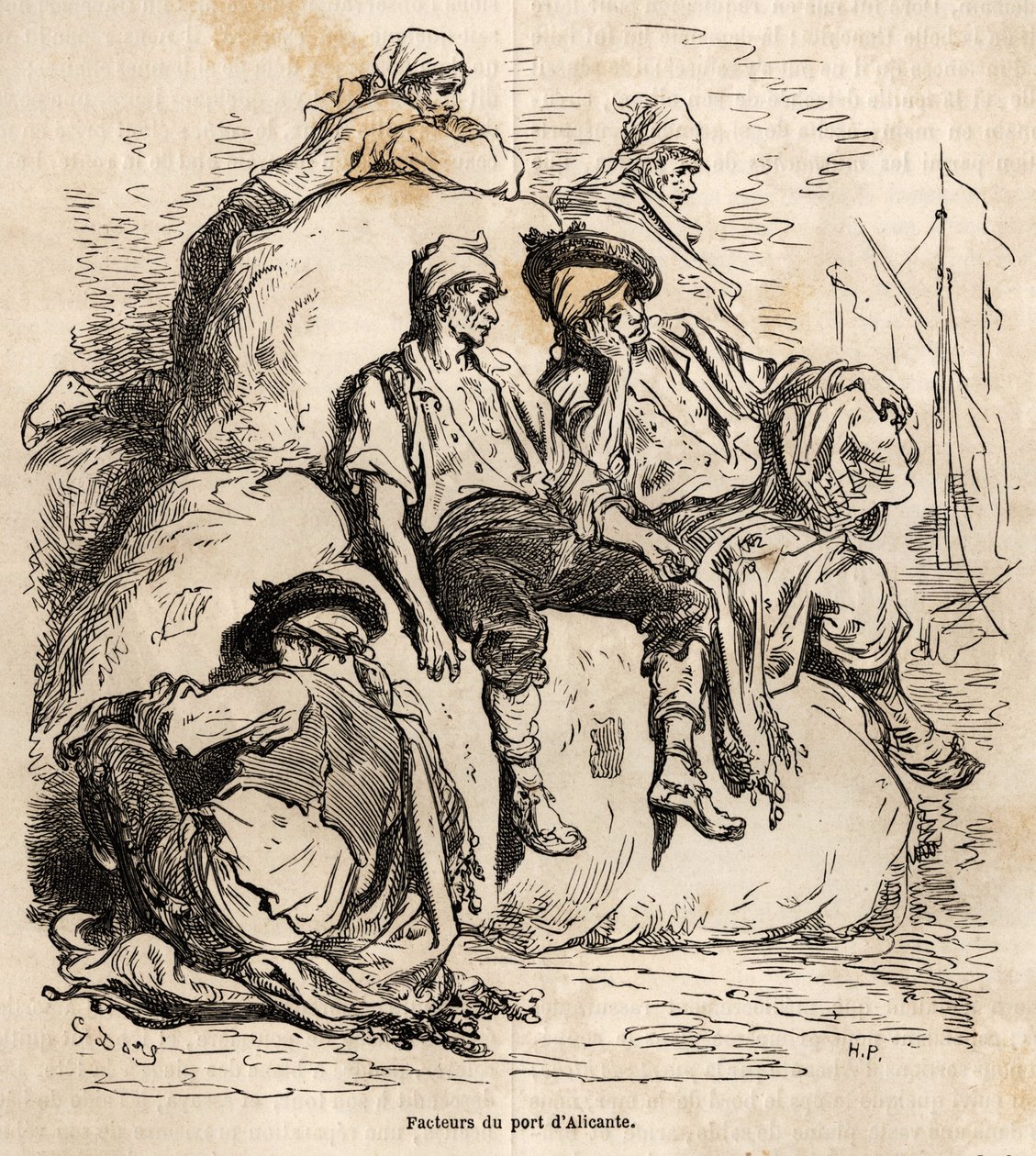 Il riposo dei portatori del porto di Alicante, schizzo dal vivo di Gustave Doré, per illustrare il suo viaggio in Spagna, nel 1862, con Ch. Davillier. Incisione in "Le tour du monde", a cura di Edouard Charton da Gustave Dore