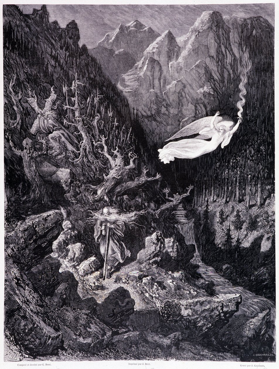 Il vecchio che tiene una borsa e il suo bastone camminando in un paesaggio ostile è sovrastato da un angelo che agita una lancia di fuoco, Piatto VII - Illustrazione di Gustave Doré per La leggenda del Giudeo errante di Pierre Dupont, edizione Librairie du da Gustave Dore