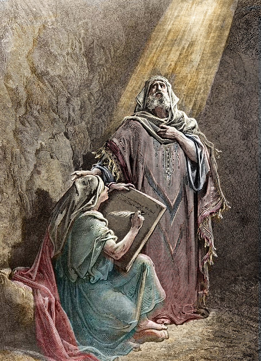Il profeta Geremia che detta le sue profezie a Baruch - Incisione colorata di Pannemacker, dalla Bibbia di Gustave Doré (1832-1883) da Gustave Dore