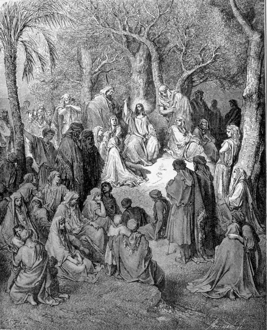 Il sermone della montagna: Gesù Cristo predica davanti a tutti i suoi discepoli. Illustrazione della Bibbia (Nuovo Testamento) di Gustave Doré (1832-1883) 1866 da Gustave Dore