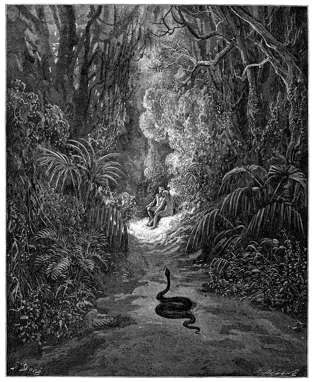 Il serpente si dirige verso Adamo ed Eva. Illustrazione di Gustave Doré per "Paradiso Perduto" di John Milton (1608-1674). Incisione del 1866. Collezione privata da Gustave Dore