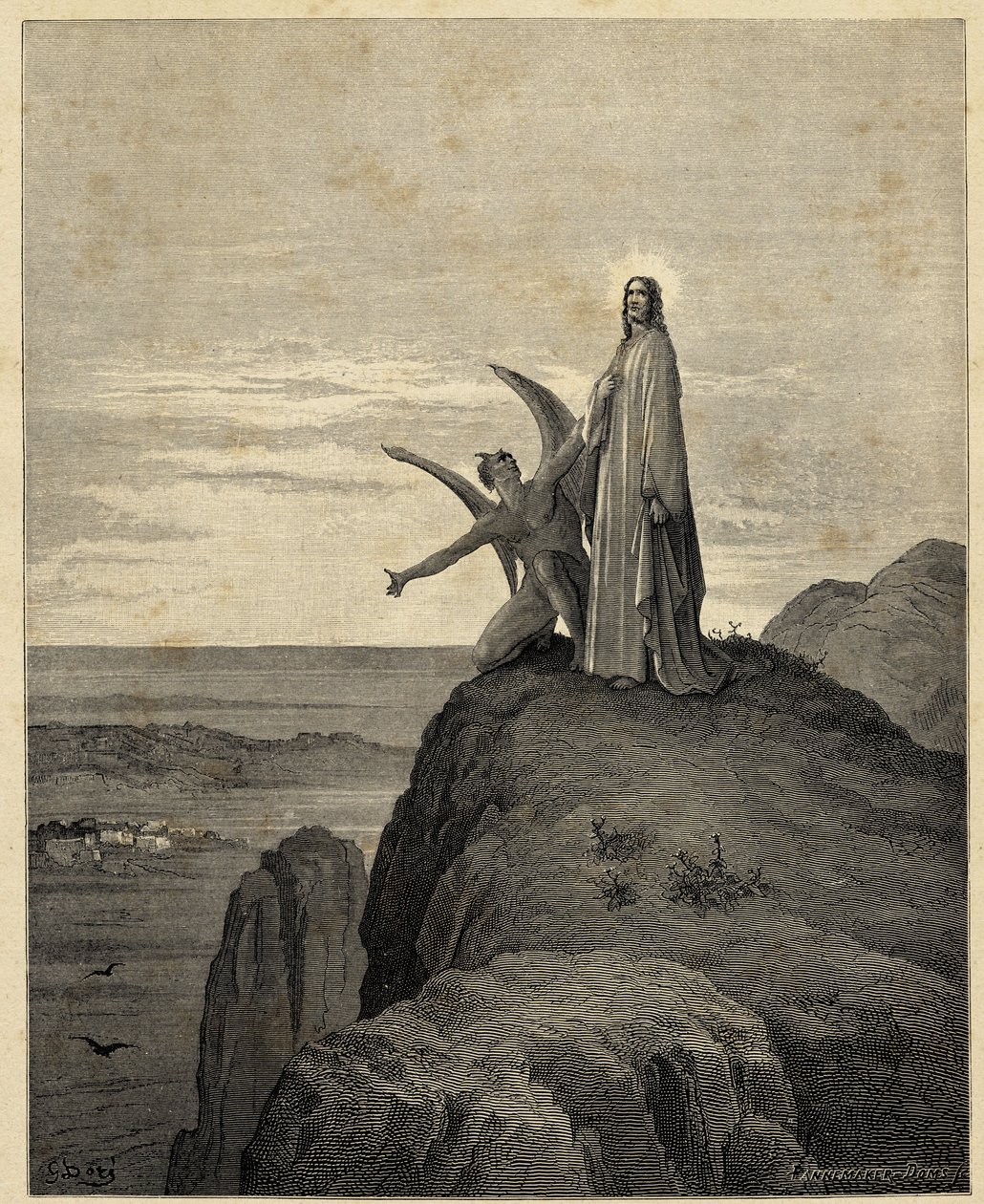 "La tentazione di Cristo" Gesù conduce nel deserto e viene tentato dal diavolo. Illustrazione di Gustave Dore (1832-1883) per la Bibbia. 1866 da Gustave Dore