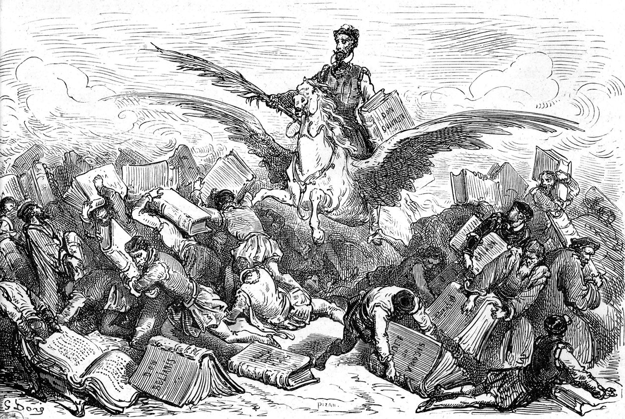 Lo scrittore Cervantes cavalca un cavallo alato, il suo libro 