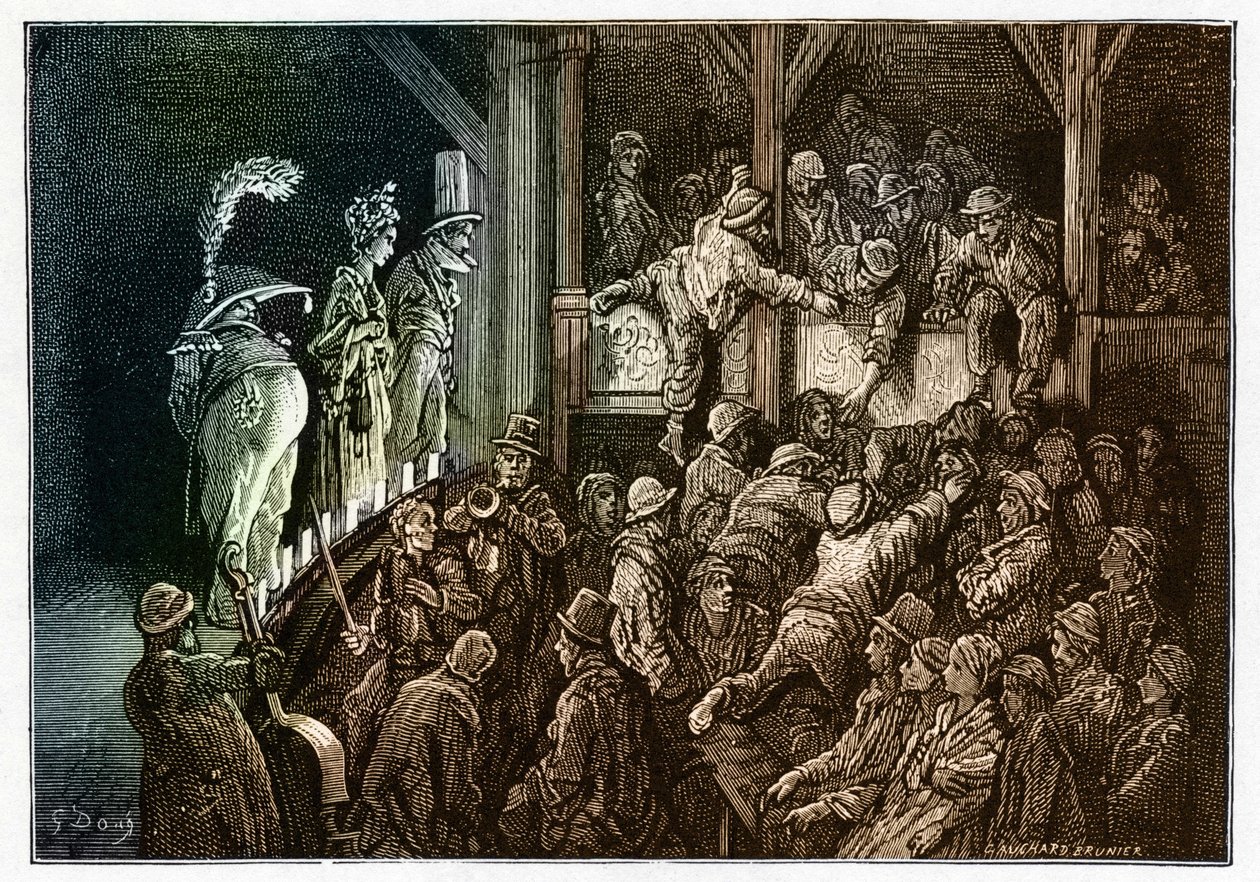 Teatro: il pubblico durante una rappresentazione teatrale. Incisione colorata da ""Londra, un pellegrinaggio"" illustrata da Gustave Dore (1832-1883). da Gustave Dore