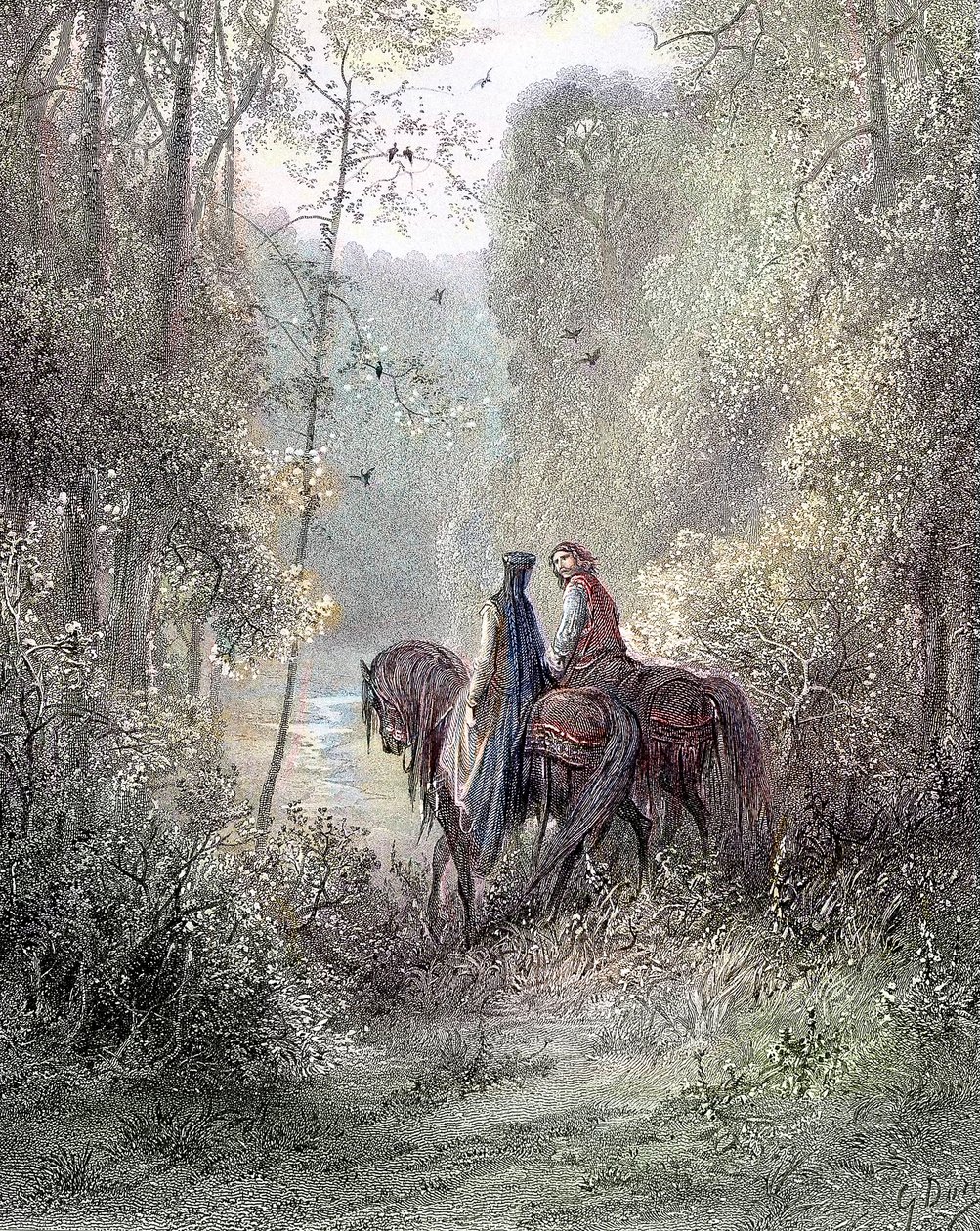 Si persero sotto boschetti che sembravano un paradiso di fiori (Ginevra e Lancillotto) - in "Ginevra" di Alfred Tennyson, ill. di Gustave Doré Parigi, Librairie Hachette et Cie da Gustave Dore
