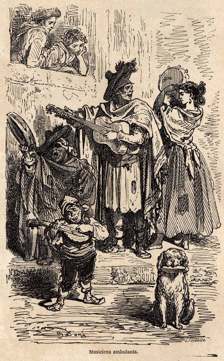 Musicisti itineranti a Valencia. Disegno di Gustave Doré per illustrare il suo viaggio in Spagna con C. Davillier nel 1862. Incisione in "Le tour du monde", a cura di Edouard Charton da Gustave Dore