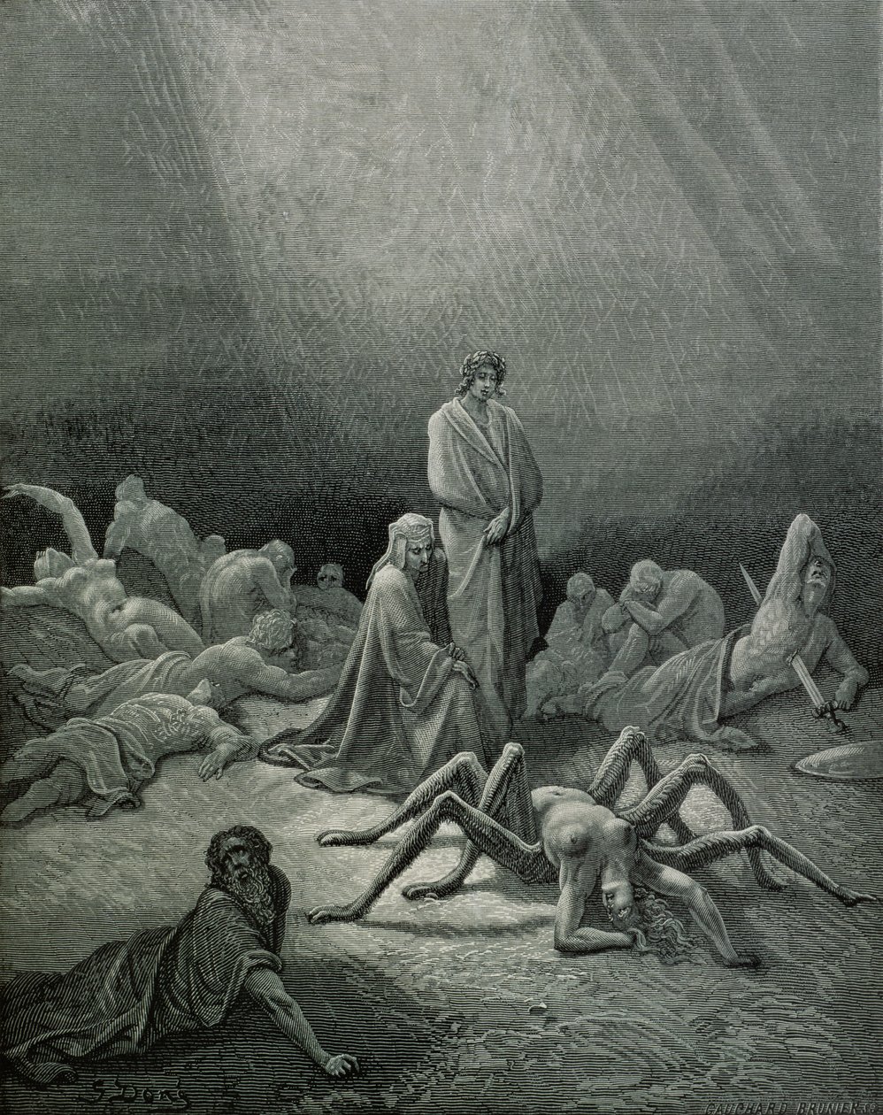 Virgilio (70-19 a.C.) e Dante che guardano la donna ragno, illustrazione da 