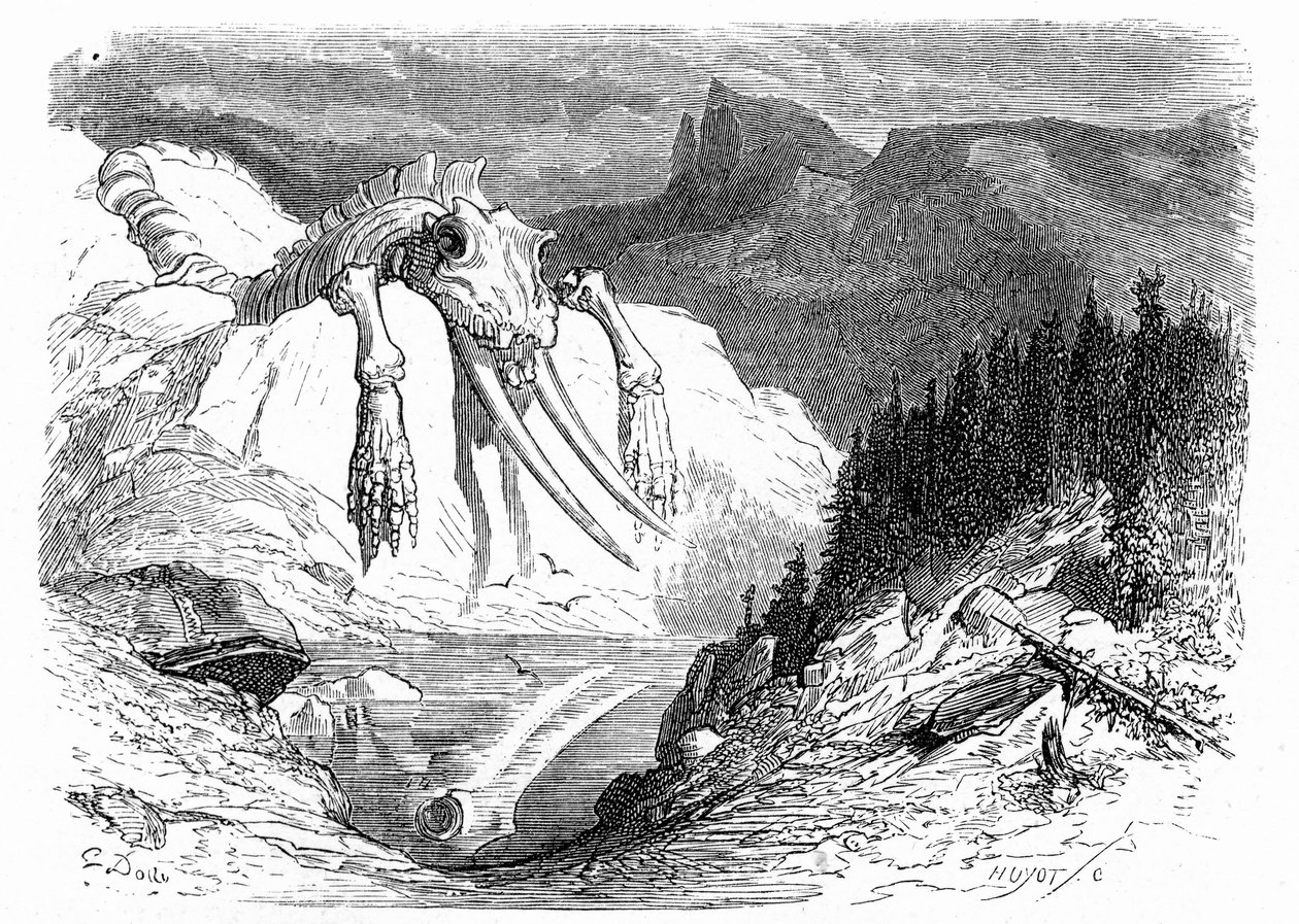 Incisione di Gustave Doré intorno al 1850: evocazione di un diluvio apocalittico dopo il quale vari animali mostruosi sono caduti sulla montagna. Illustrazione del libro di Hippolyte Taine "Viaggio ai Pirenei" da Gustave Dore