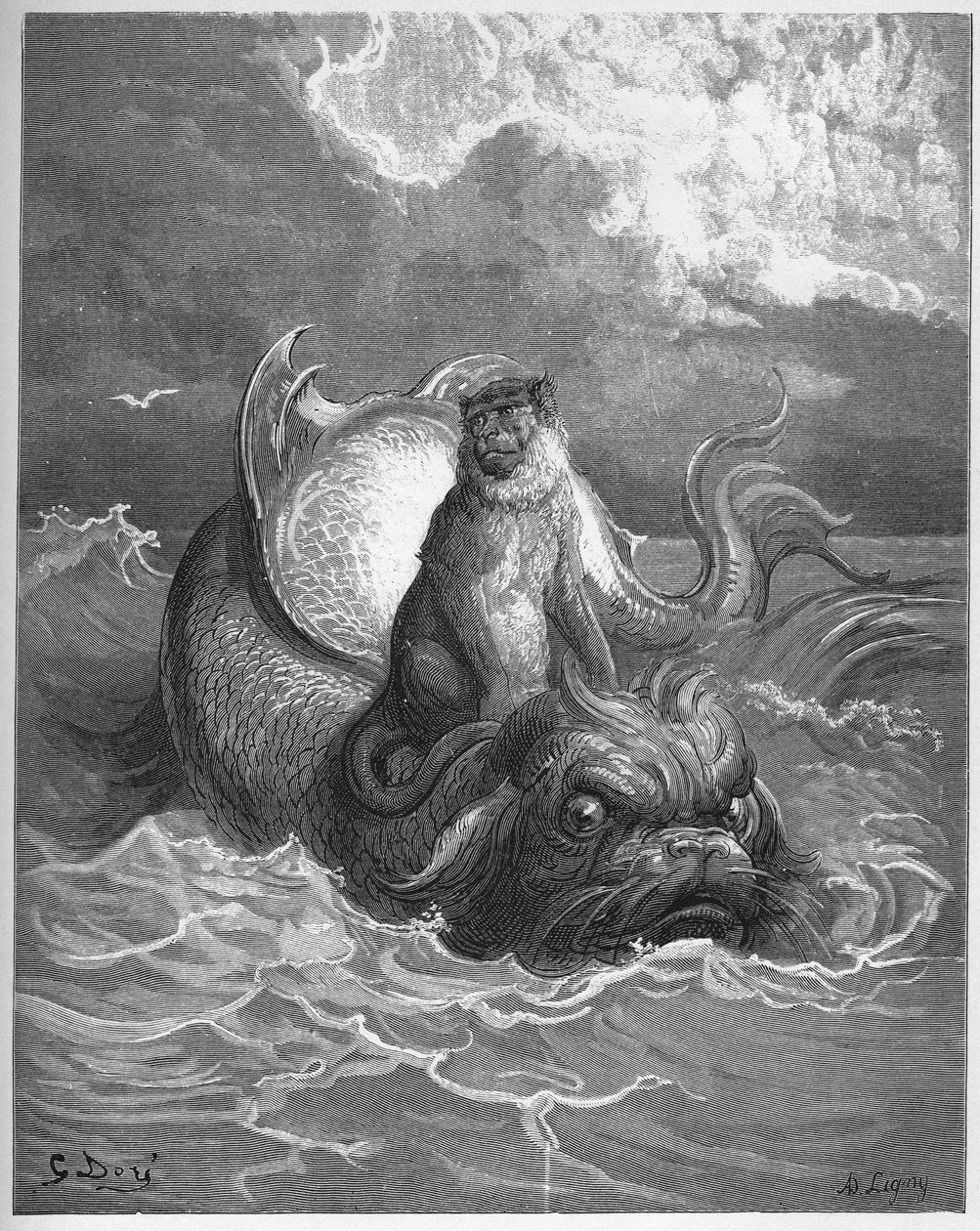 scimmie e delfino - da "Favole" di Jean de La Fontaine da Gustave Dore