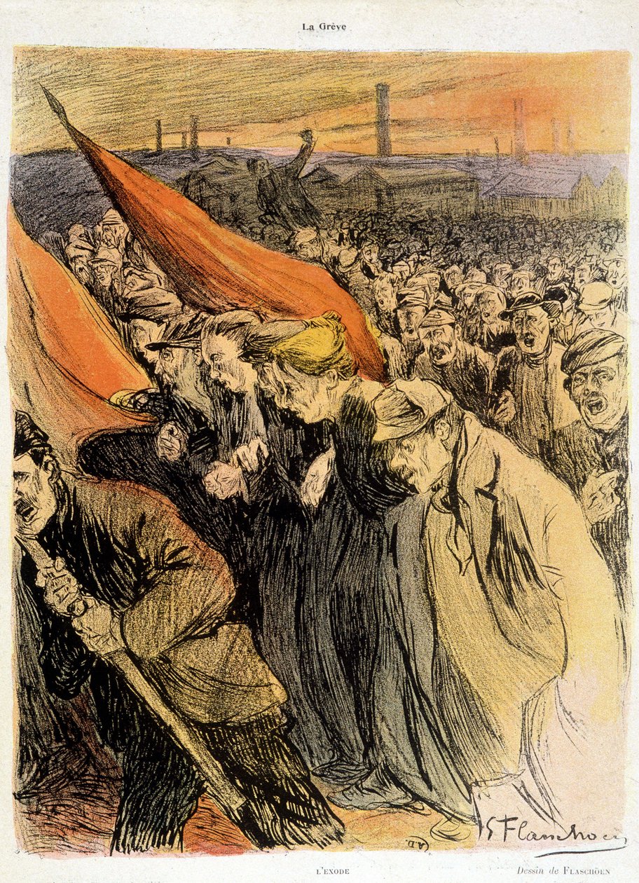 Folla curva con bandiere rosse, La Grève di Flaschoën, inizi 20° sec. da Gustave Flasschoen