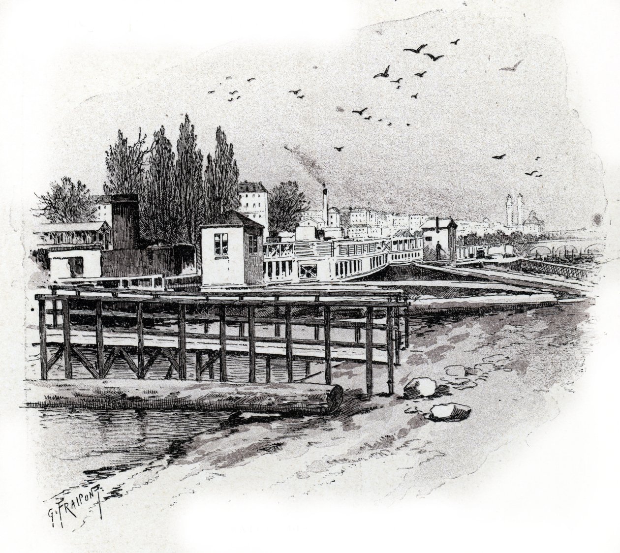 Atelier di riparazione dei battelli omnibus (Bateau-bus) a Parigi da Gustave Fraipont