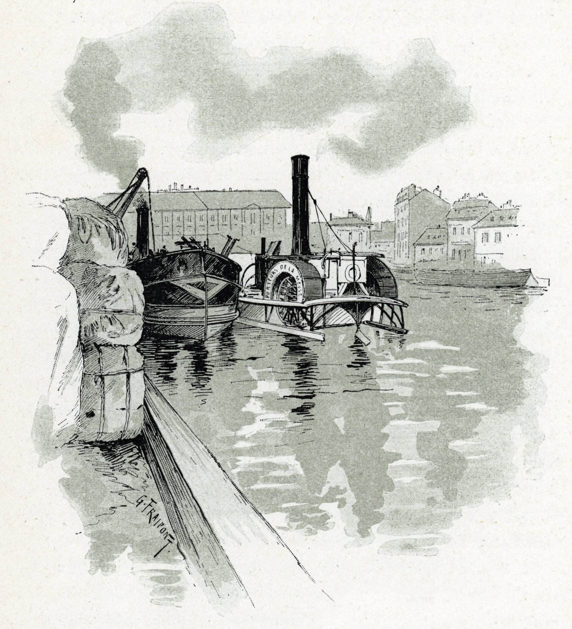 Barche ormeggiate nel porto di La Villette, Parigi Disegno di Gustave Fraipont (1849-1923) da 