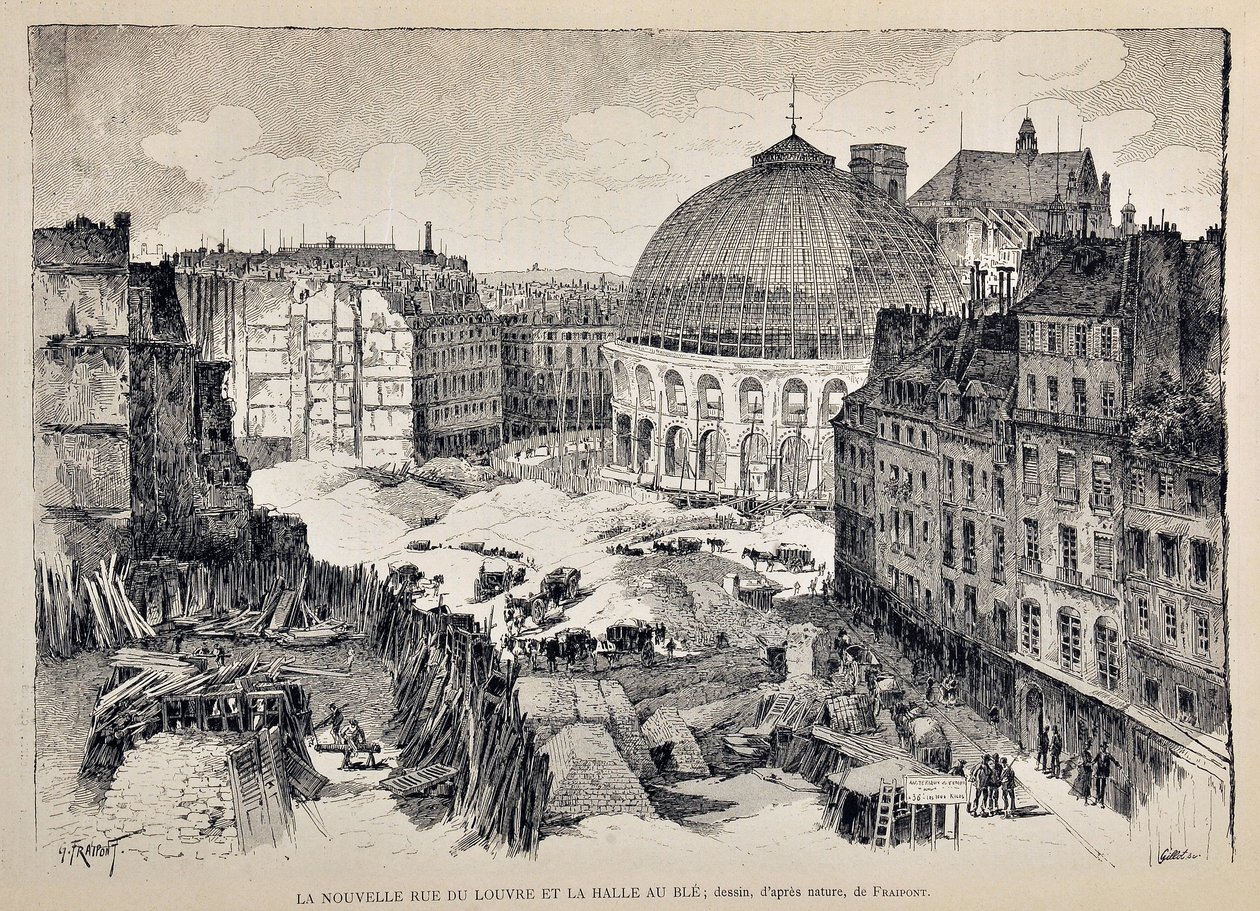 La nuova Rue du Louvre e la Halle au Blé a Parigi nel 1887. Illustrazione di Gustave Fraipont (1849 - 1923). Incisione del 1887 in 