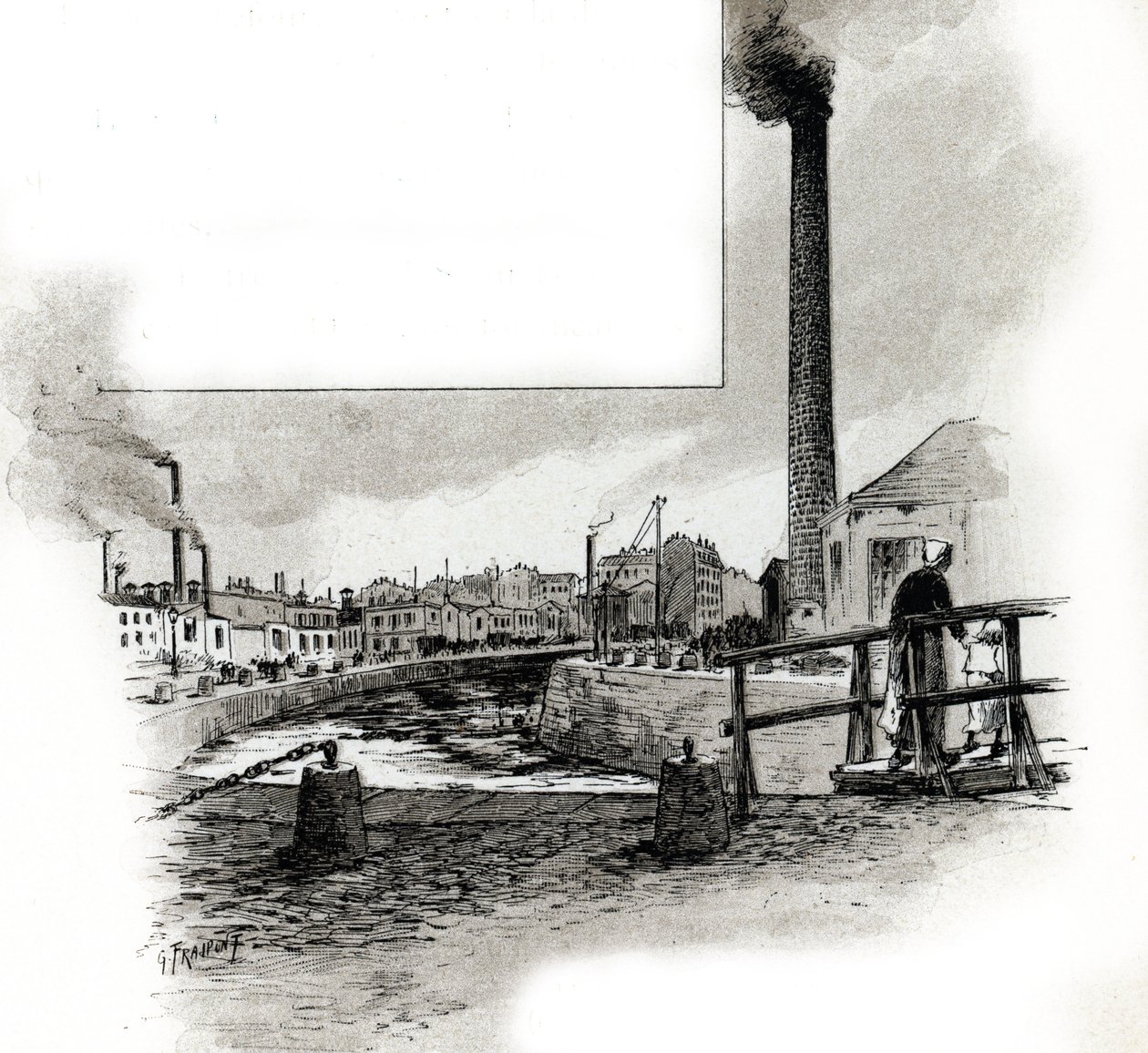 Vista del letto asciutto del canale Saint-Martin durante il periodo di pulizia. Disegno di Gustave Fraipont (1849-1923) tratto da 