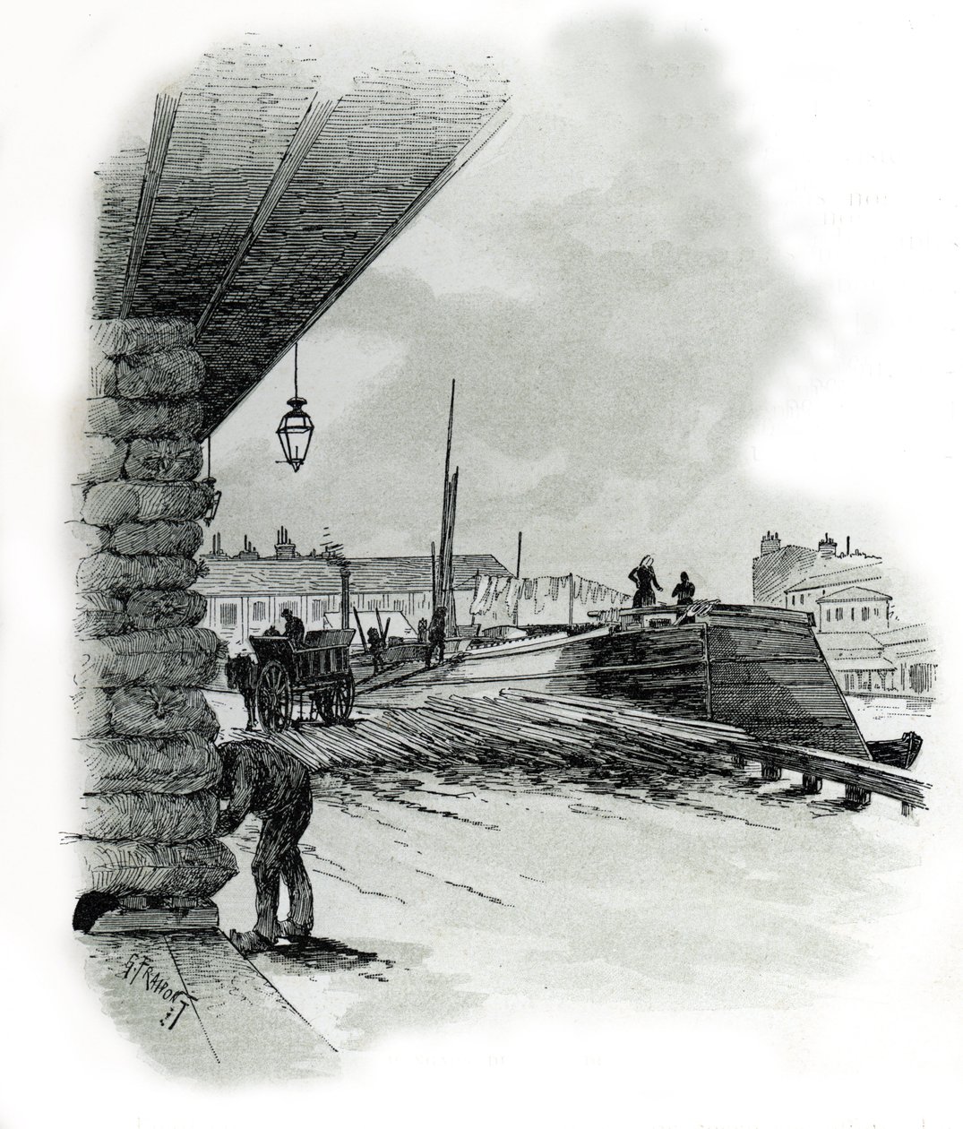 Veduta dei capannoni del porto di La Villette a Parigi da Gustave Fraipont