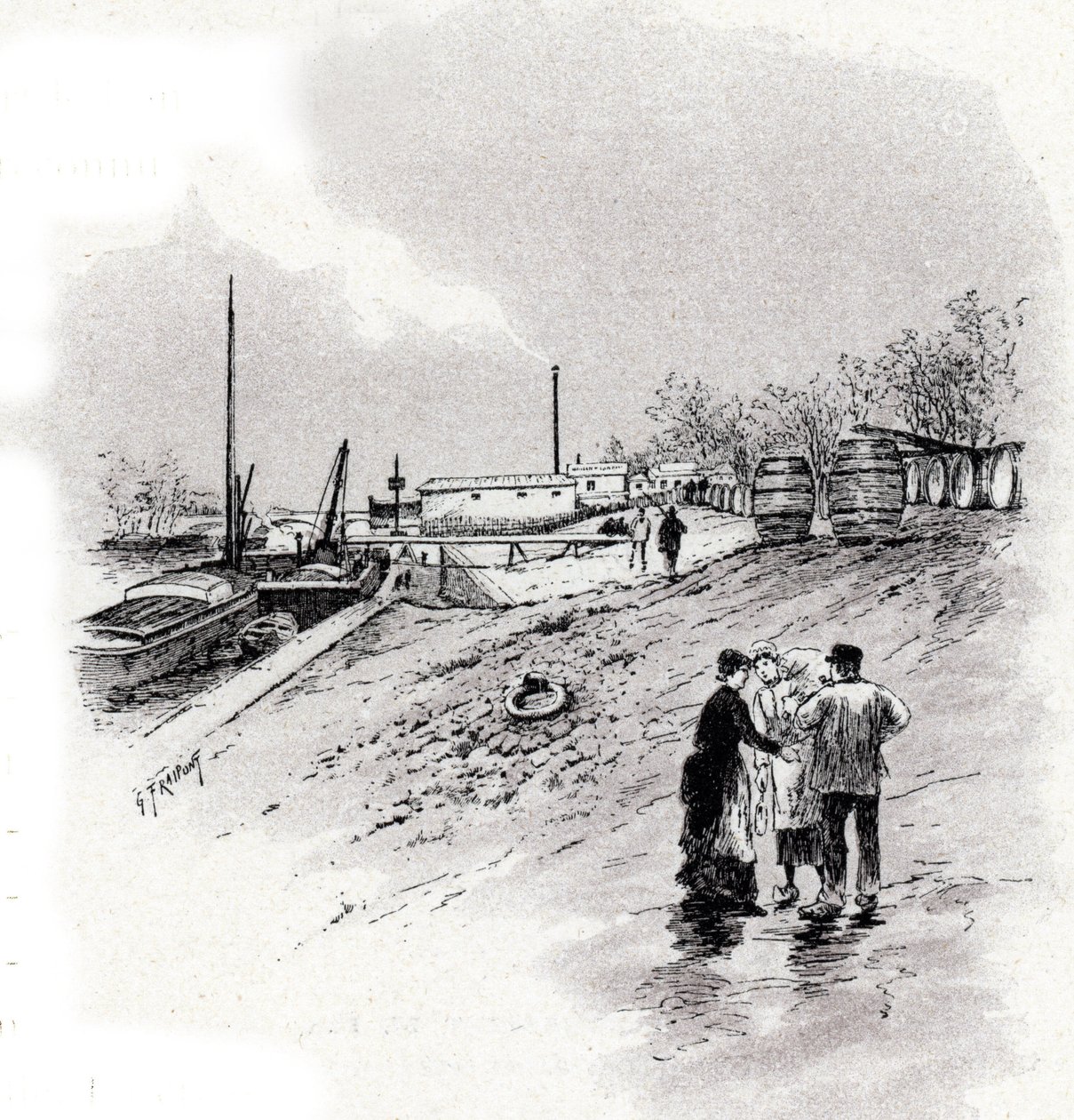 Vista delle rive della Senna e del quai Saint-Bernard, Parigi. Disegno di Gustave Fraipont (1849-1923) tratto da 