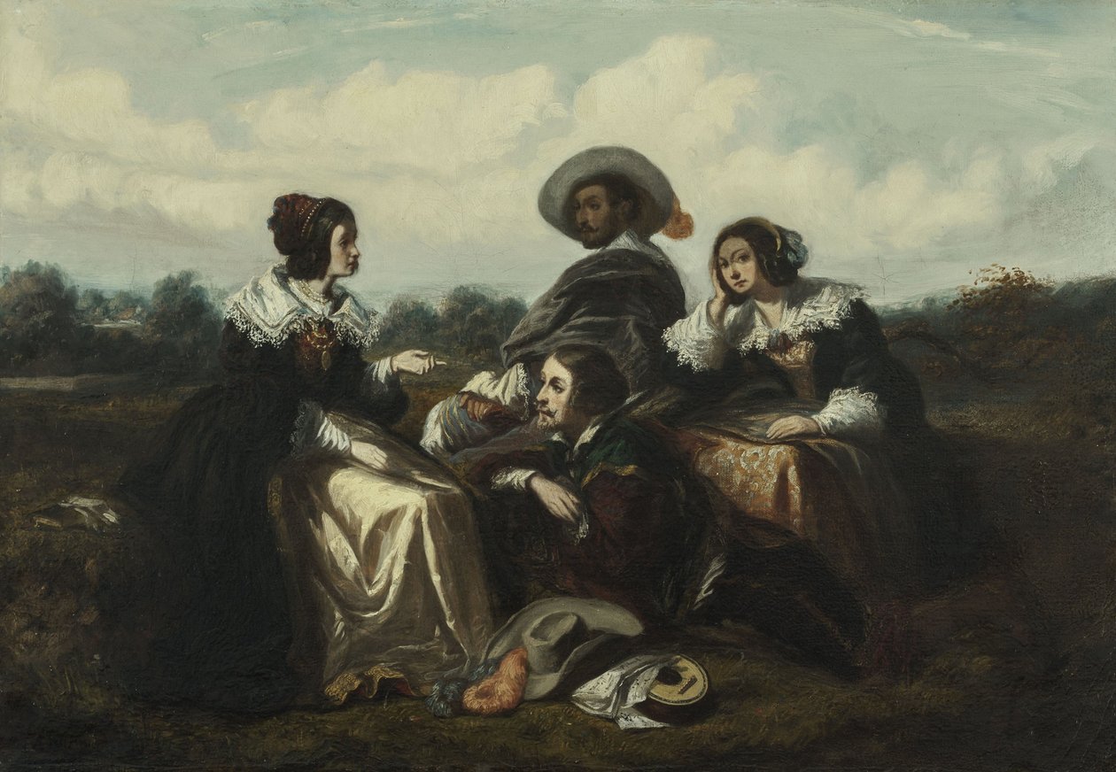 La storia. Personaggi in costume Luigi XIII, 1830 circa (olio) da Gustave François Morin