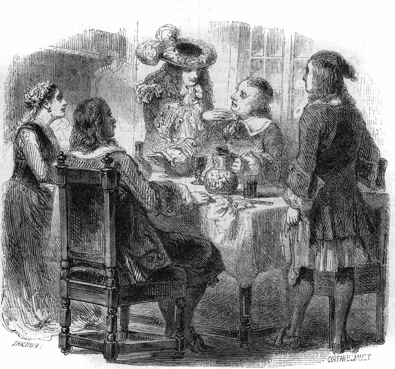 Lo zar russo Pietro il Grande (1672-1725), ospite in Francia presso la famiglia Kalf, osserva la discussione tra il suo ospite e un ubriaco, il marchese de Bernardini. Incisione di Gustave Janet da Gustave Janet