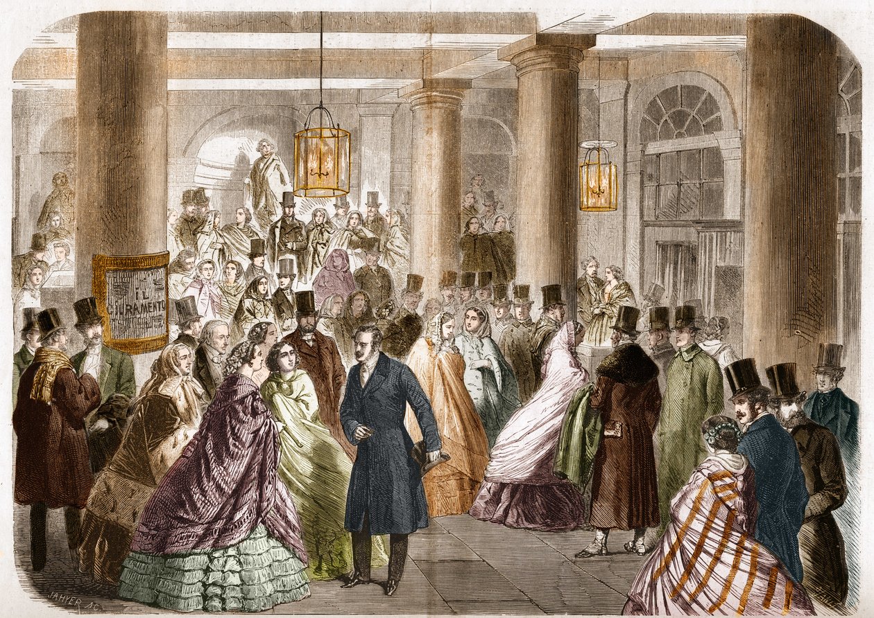 Il teatro italiano (Salle Ventadour) fu inaugurato a Parigi nel 1858. Disegno di Gustave Janet, incisione di Jahyer da Gustave Janet