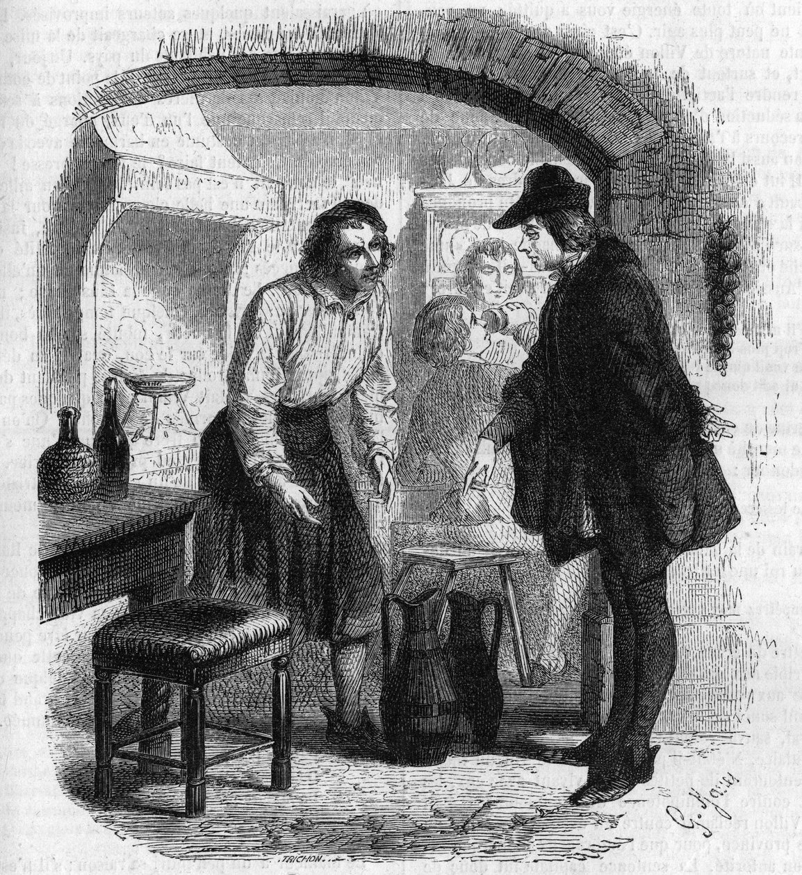 Il poeta François Villon (1431-1463) che traccia una bottiglia di vino. Incisione di Gustave Janet da Gustave Janet