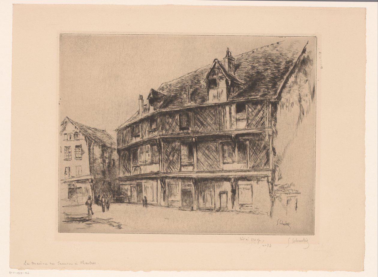 Strada con case e passanti a Chartres da Gustave Leheutre (signed by artist)