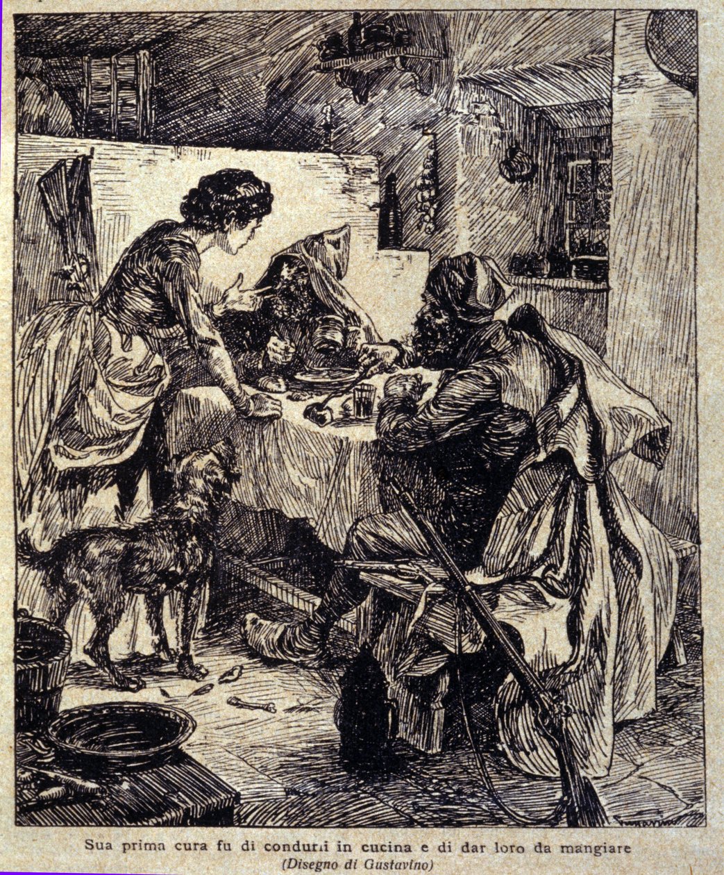 La sua prima preoccupazione fu di portarli in cucina e nutrirli... Illustrazione del nuovo "Colomba" scritto da Prosper Merimee. Incisione di Gustavino (Gustavo Rosso) (1881-1950), circa 1915 da Gustavo Gustavino Rosso