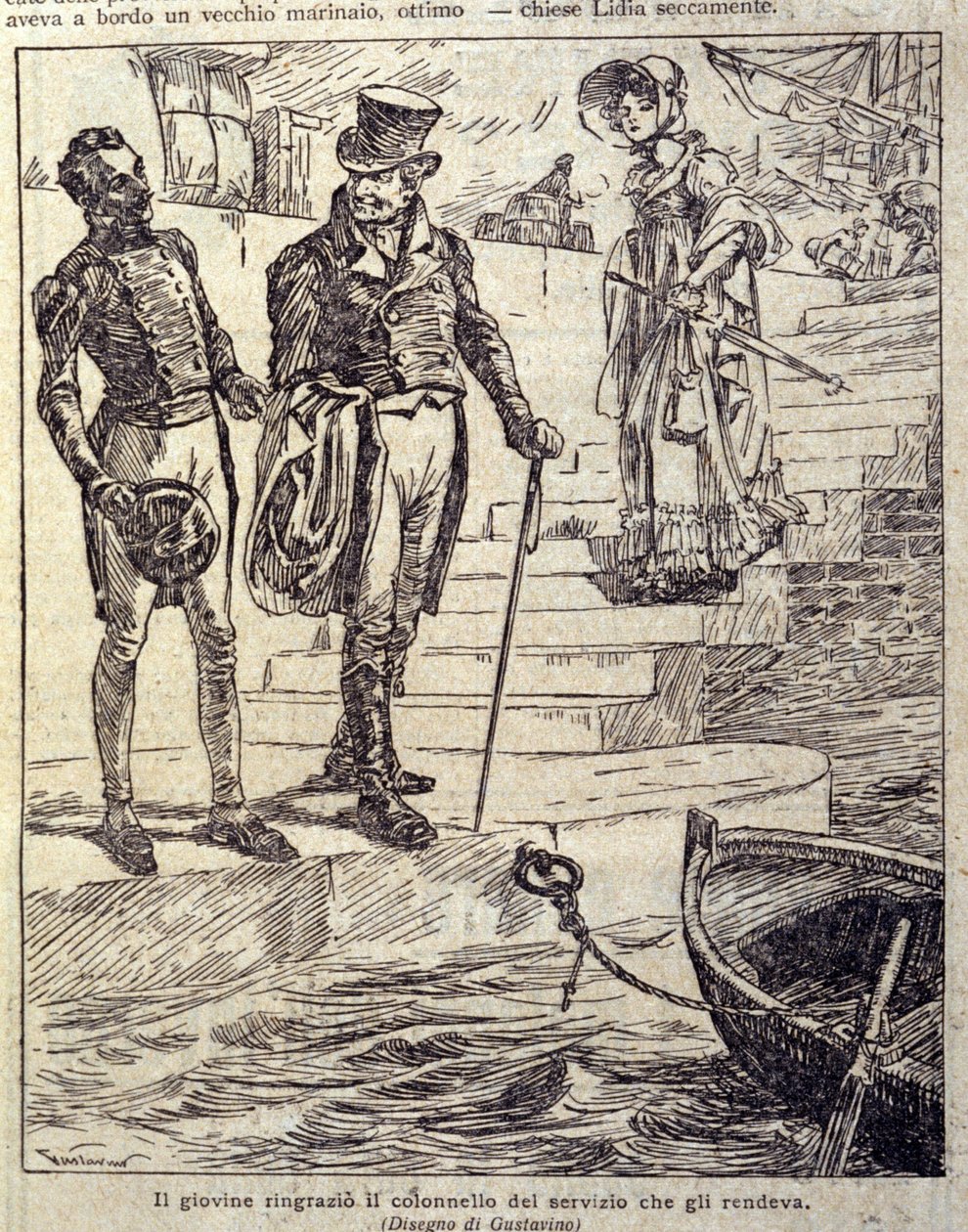 Il giovane ringraziò il colonnello per il suo servizio... Illustrazione del nuovo "Colomba" scritto da Prosper Merimee. Incisione di Gustavino (Gustavo Rosso) (1881-1950), circa 1915 da Gustavo Gustavino Rosso