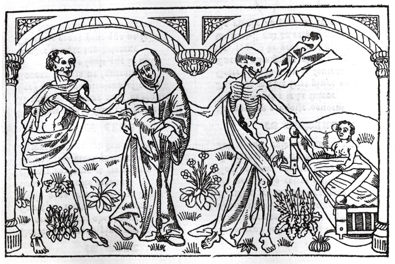 La morte che prende il mendicante e il bambino, dalla Danza Macabra, pubblicata a Parigi, 1485 da Guy Marchant