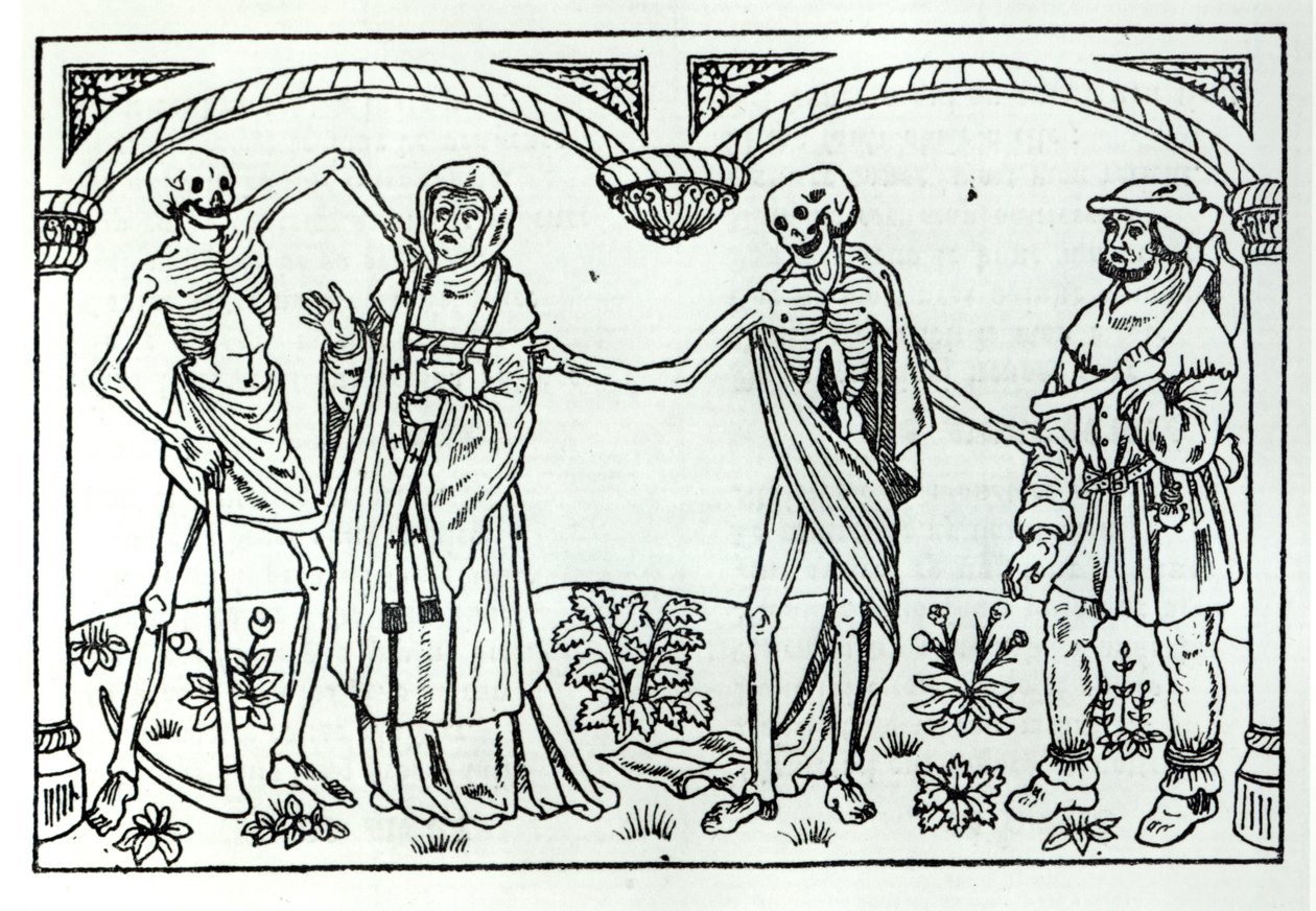 La morte che prende il prete e il contadino, dalla Danza Macabra, pubblicata a Parigi, 1485 da Guy Marchant