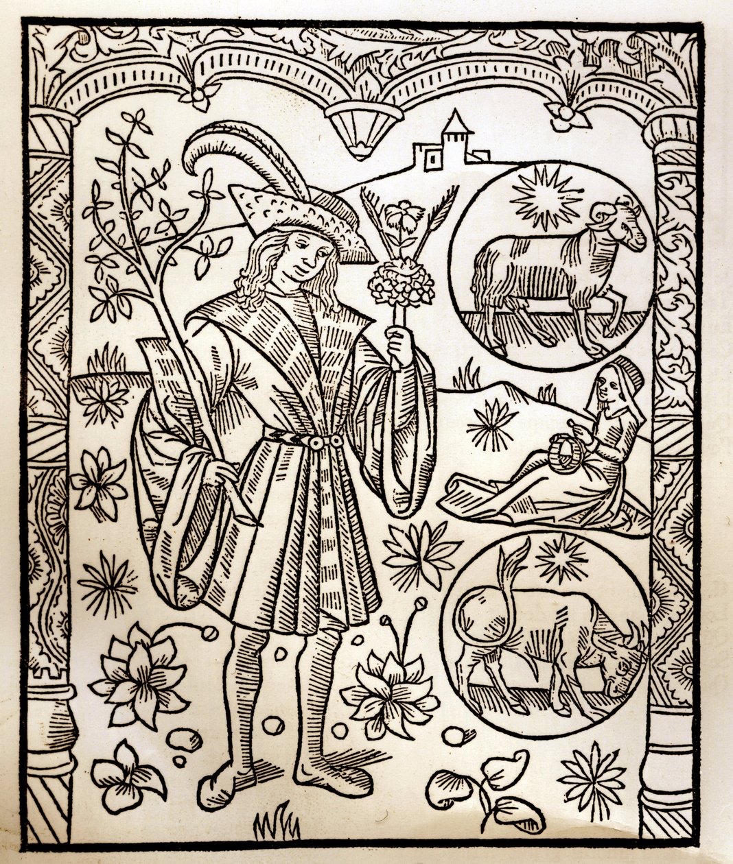 Calendario del pastore - I lavori dei mesi - Aprile - Xilografia dal libro del 1496 stampato da Guy Marchant (Guido Mercator) a Troyes - Incisione su legno in 