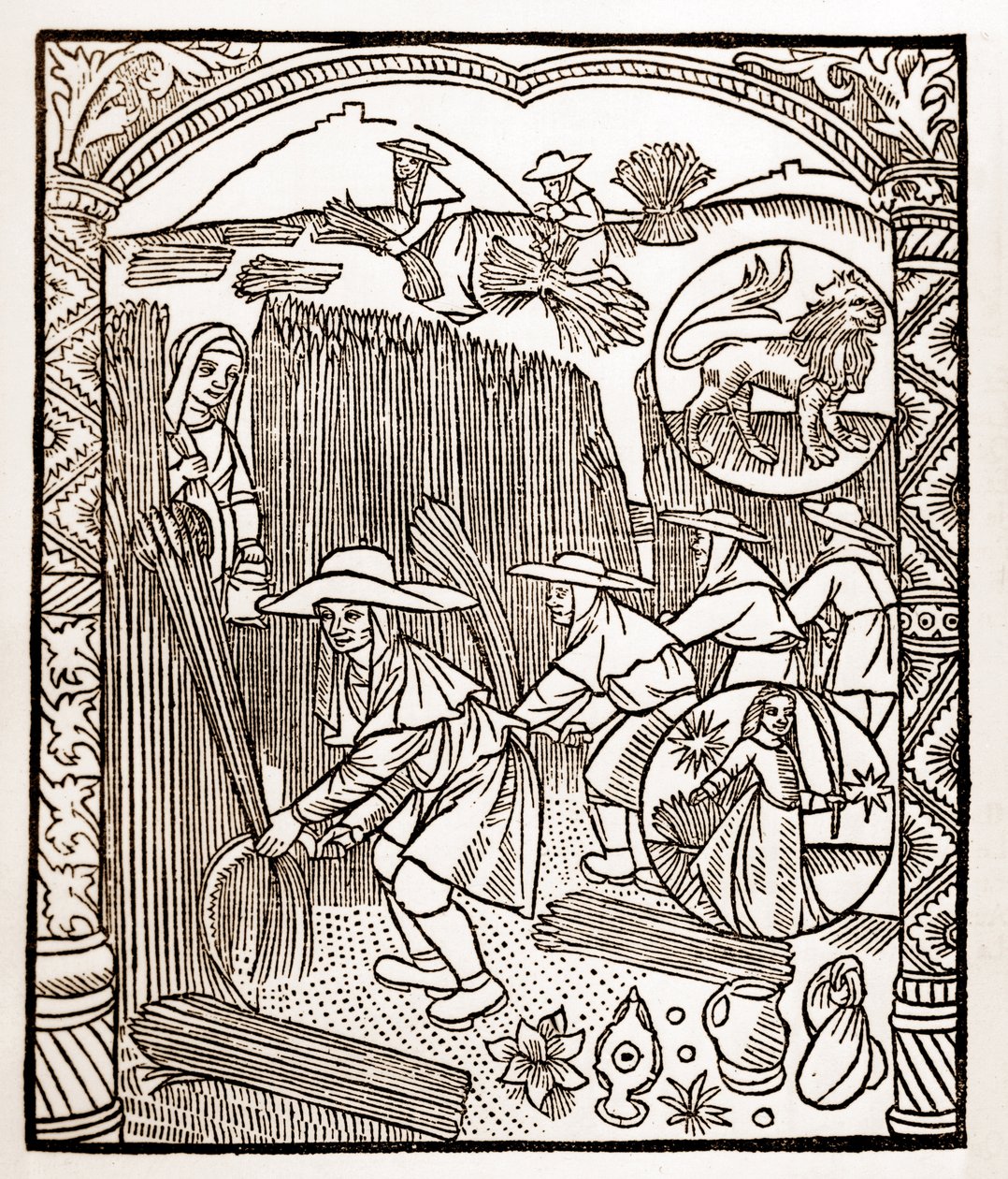 Calendario del pastore - I lavori dei mesi - Agosto - Xilografia dal libro del 1496 stampato da Guy Marchant (Guido Mercator) a Troyes - Incisione su legno in 
