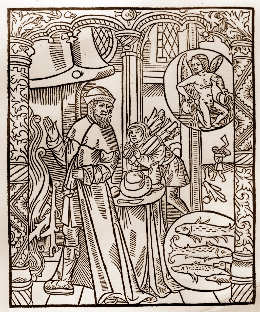 Calendario del pastore - I lavori dei mesi - Febbraio - Xilografia dal libro del 1496 stampato da Guy Marchant (Guido Mercator) a Troyes - Incisione su legno in 