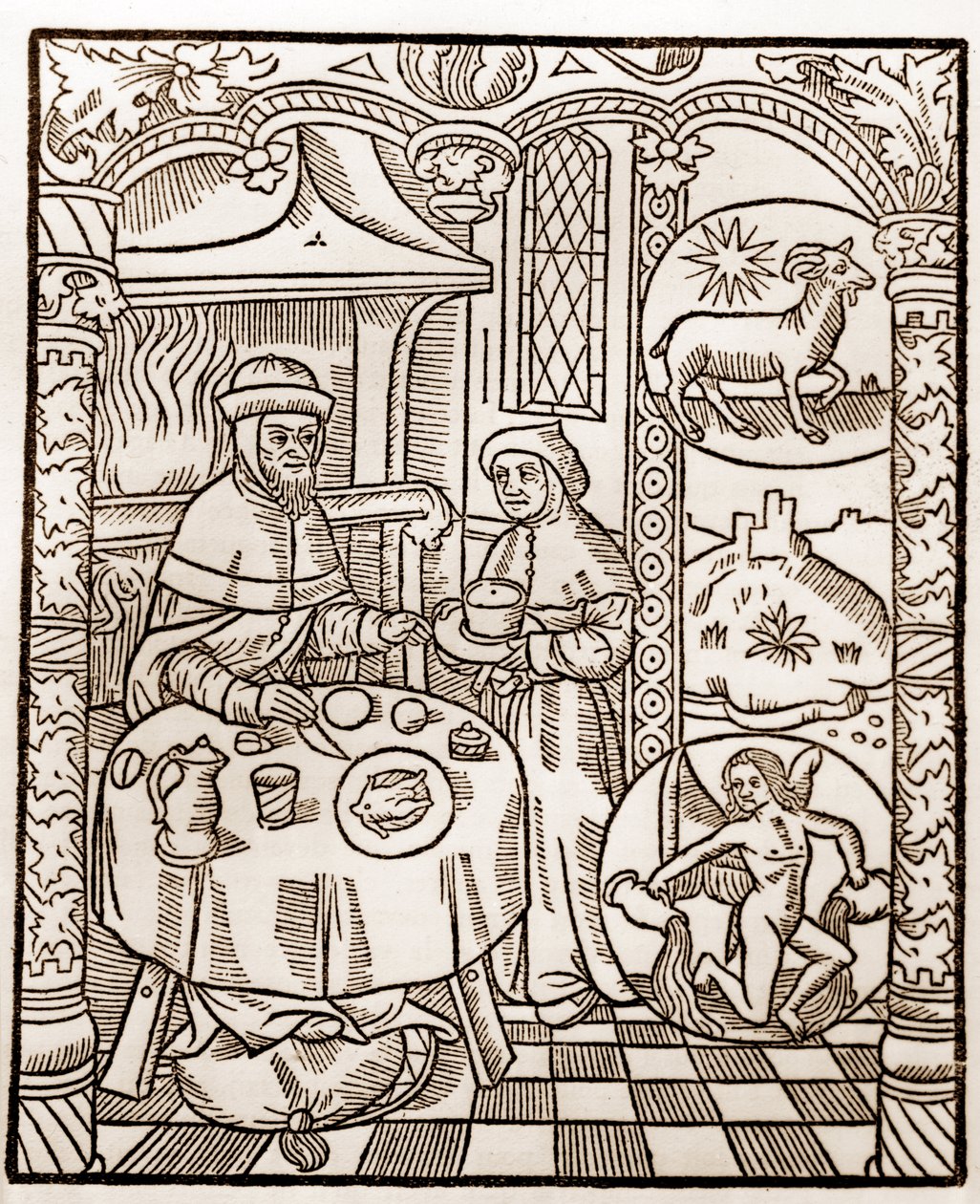 Calendario del pastore - I lavori dei mesi - Gennaio - Xilografia dal libro del 1496 stampato da Guy Marchant a Troyes da Guy Marchant