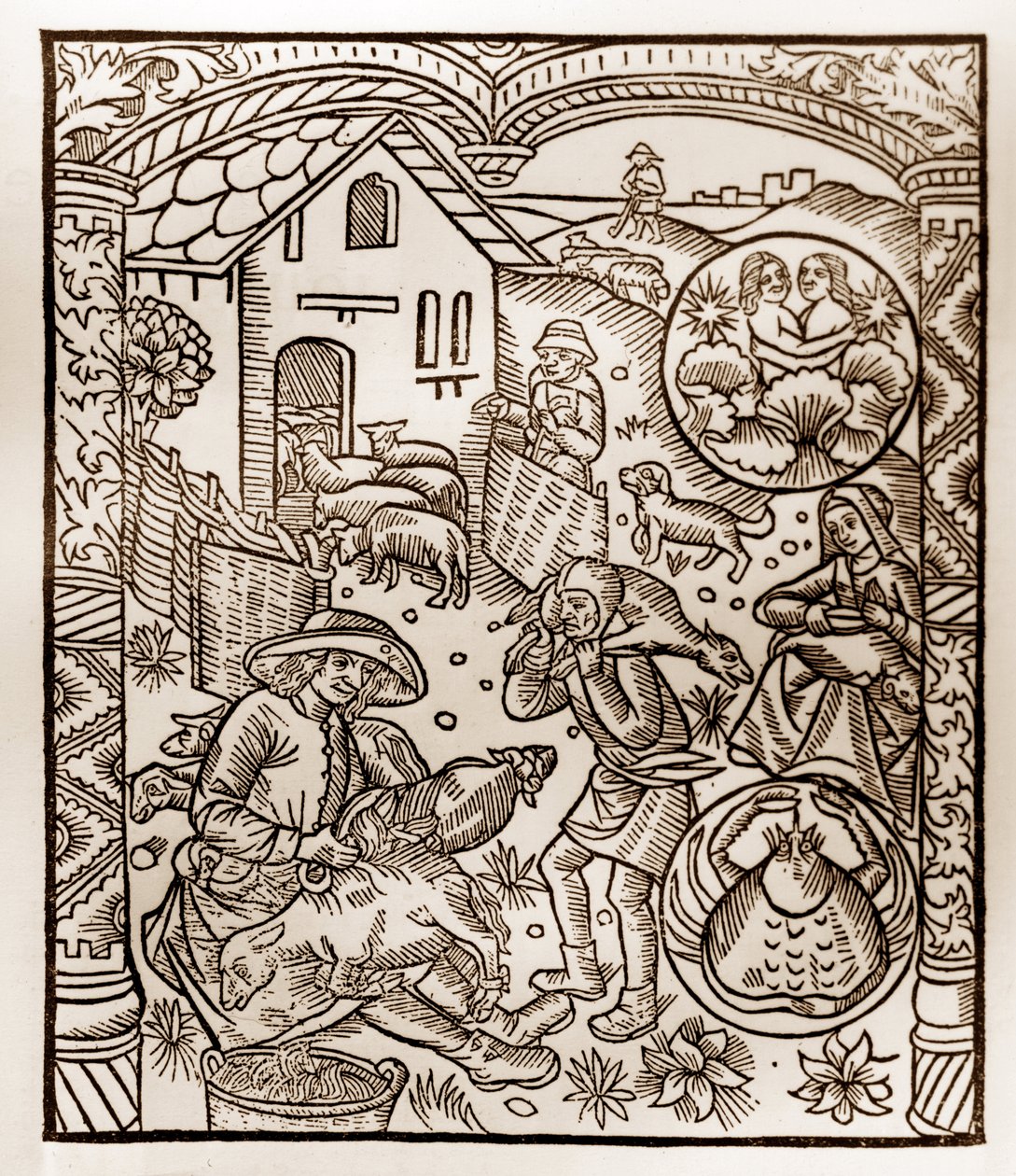 Calendario del pastore - I lavori dei mesi - Giugno - Xilografia dal libro del 1496 stampato da Guy Marchant (Guido Mercator) a Troyes - Incisione su legno in 