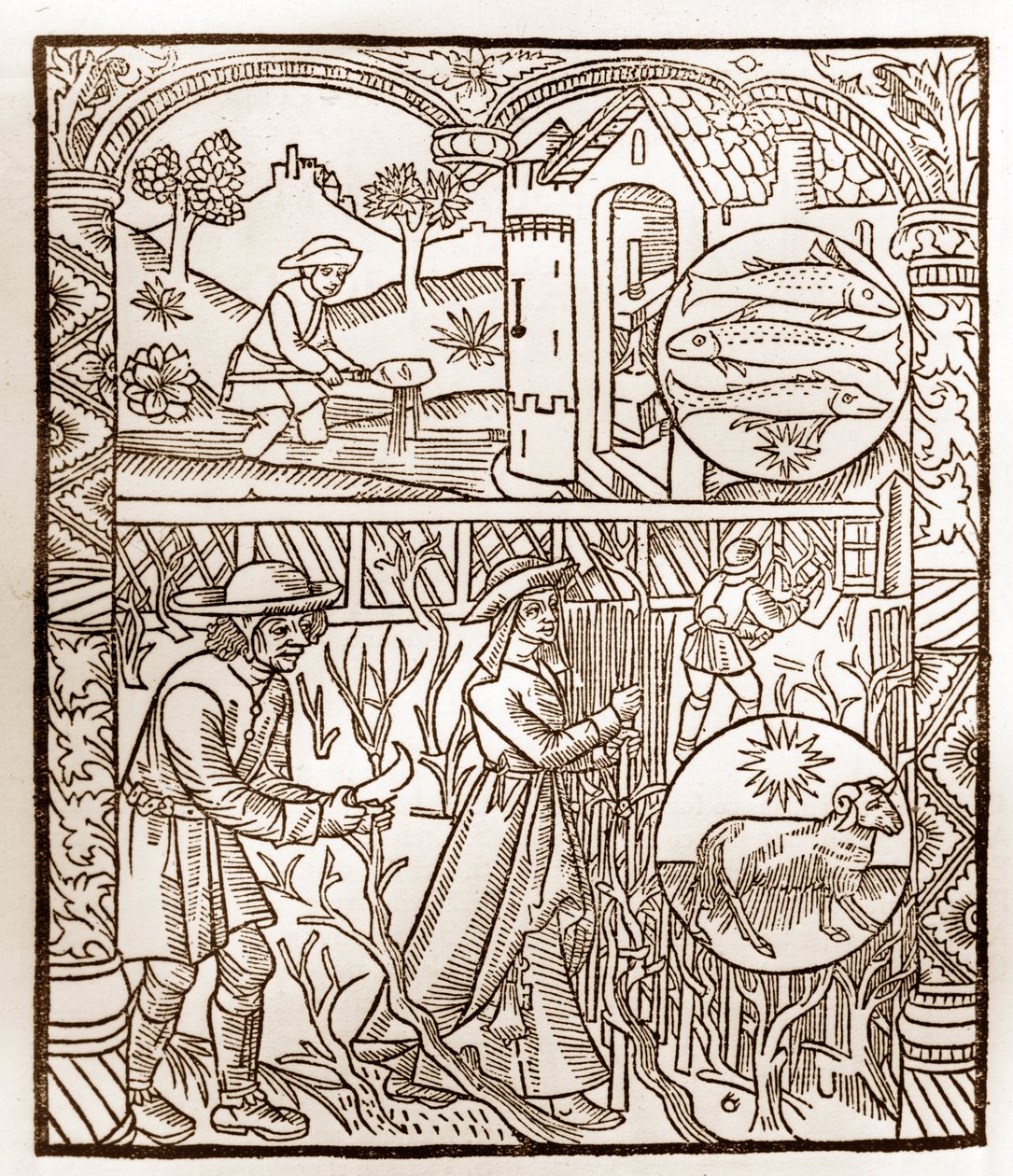Calendario del pastore - I lavori dei mesi - Marzo - Xilografia dal libro del 1496 stampato da Guy Marchant (Guido Mercator) a Troyes - Incisione su legno in 