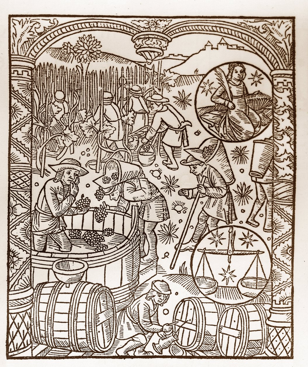 Calendario del pastore - I lavori dei mesi - Ottobre - Xilografia dal libro del 1496 stampato da Guy Marchant (Guido Mercator) a Troyes - Incisione su legno in 