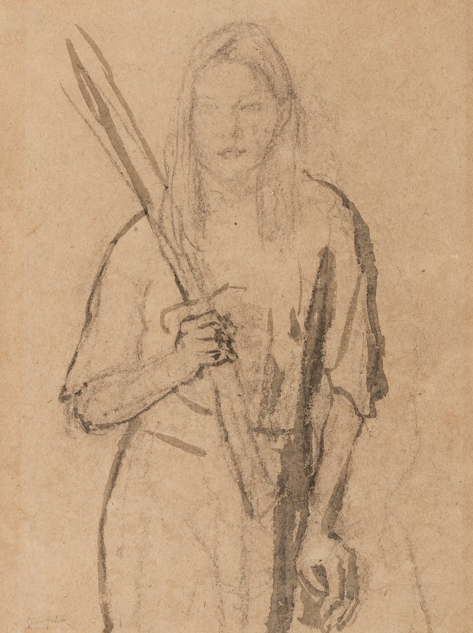 Ragazza in piedi con un palo di legno in mano da Gwen John