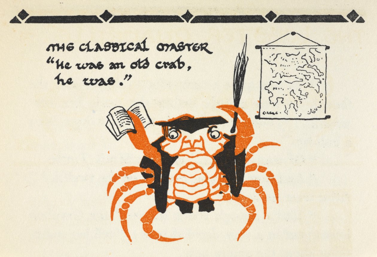 Illustrazione di un granchio vestito da insegnante con un libro e una frusta da Gwynedd M. Hudson