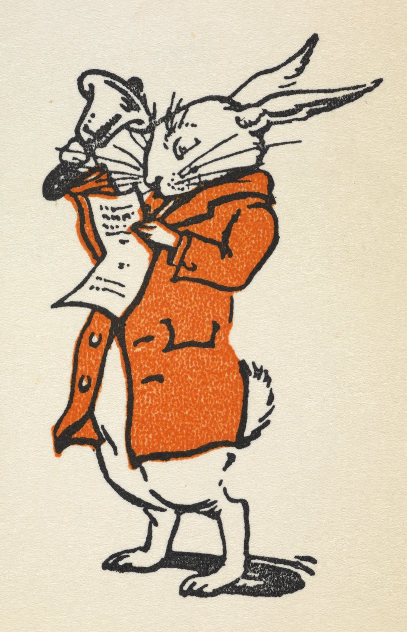 Illustrazione del Coniglio Bianco in una giacca rossa che suona una grande campana e legge da Gwynedd M. Hudson