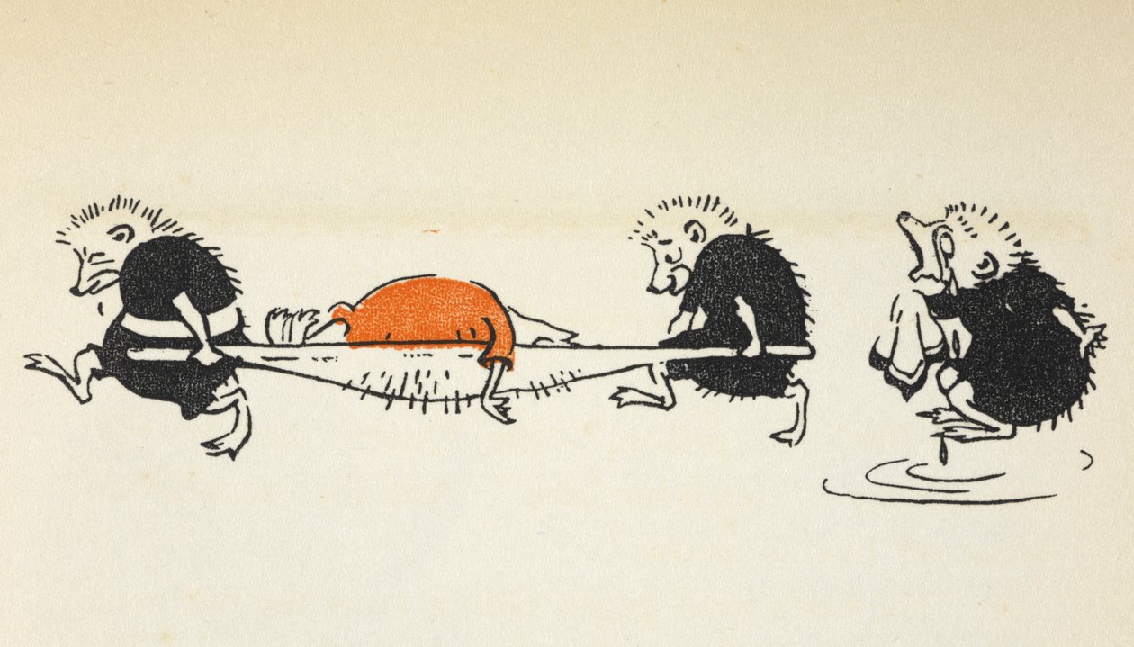Illustrazione di due ricci che trasportano un giocatore di croquet ferito seguiti da un altro riccio piangente da Gwynedd M. Hudson