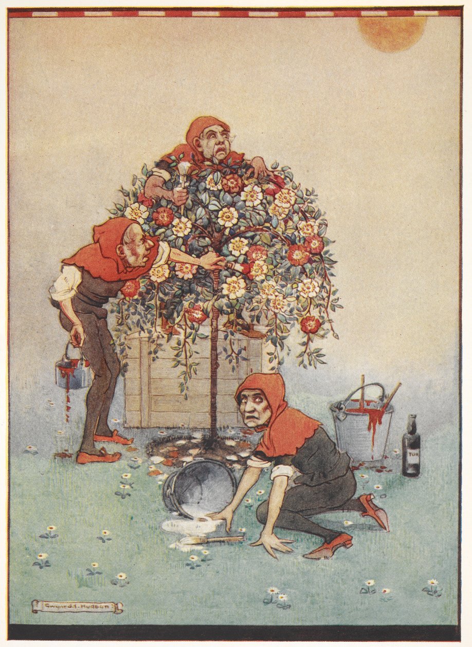 I giardinieri della Regina di Cuori dipingono le rose da bianche a rosse da Alice nel Paese delle Meraviglie da Gwynedd M. Hudson
