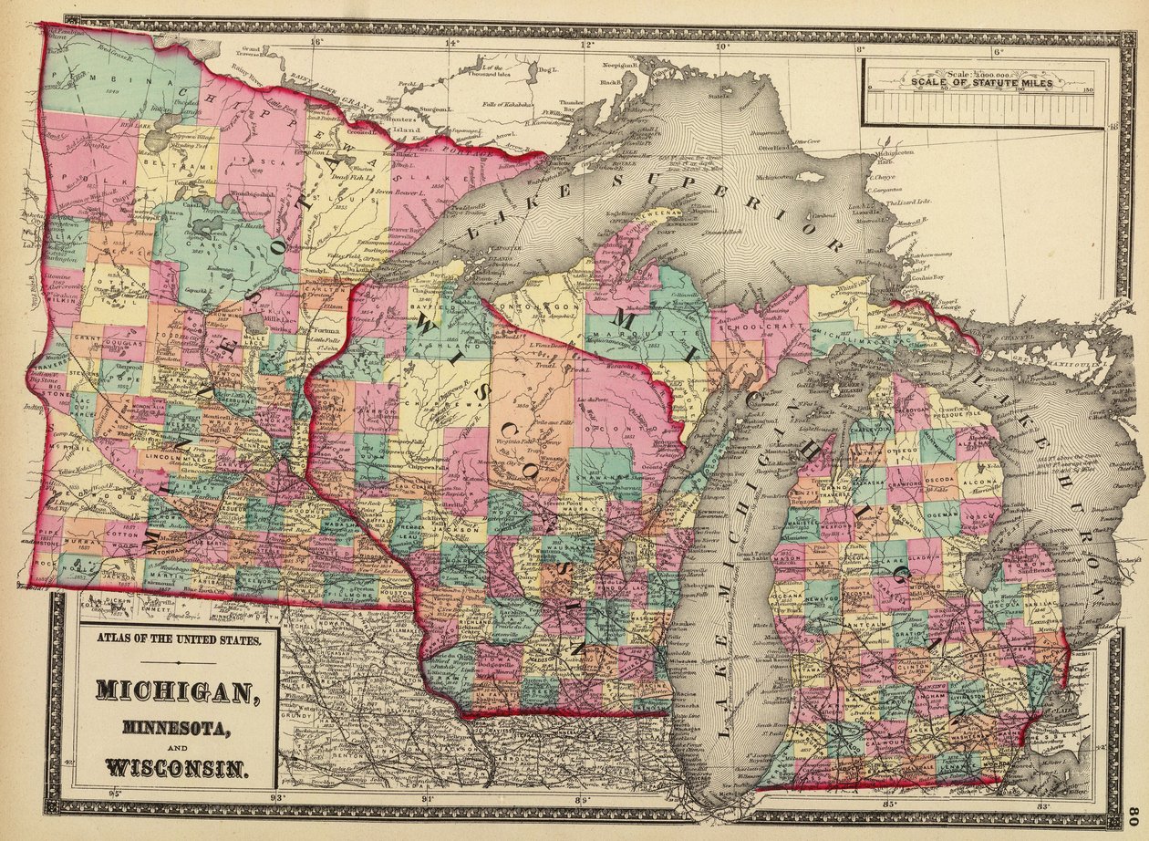 Mappa del 1872 degli stati del Minnesota, Wisconsin e Michigan da H. F.; Gray Walling