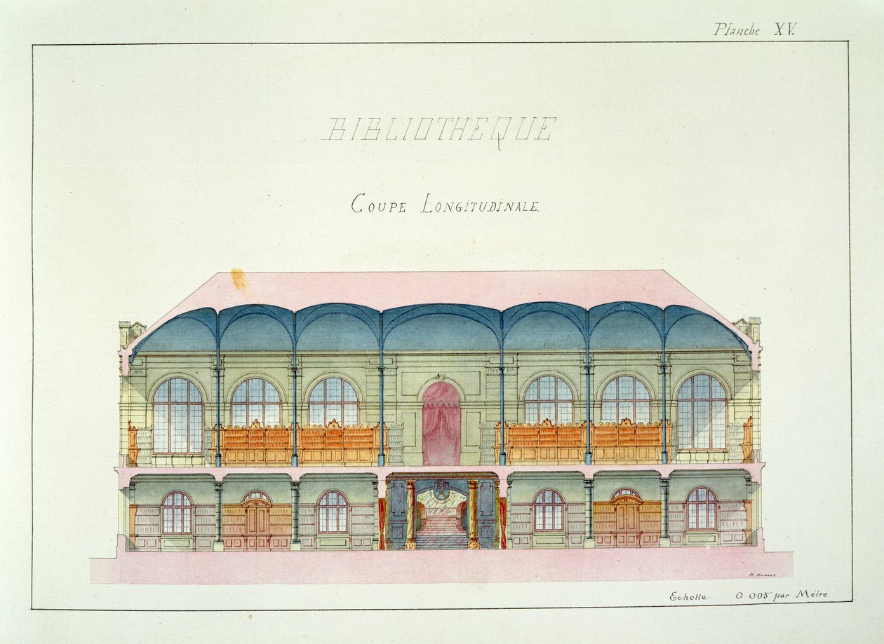 Sezione trasversale di una Biblioteca, tavola XV da un folio di disegni, c.1870 da H. Monnot