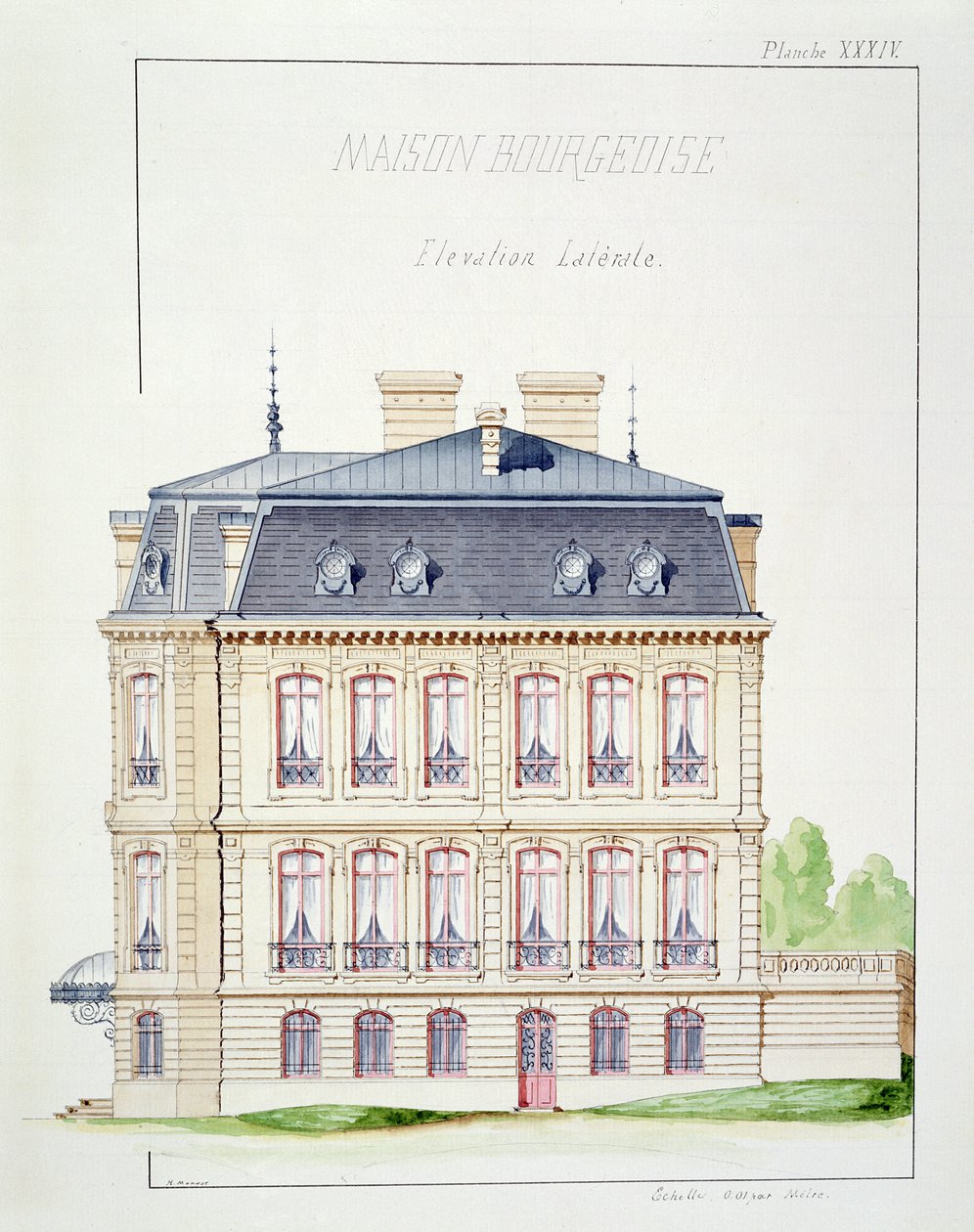 Elevazione laterale di una casa per la borghesia, tavola XXXIV da un folio di disegni da H. Monnot